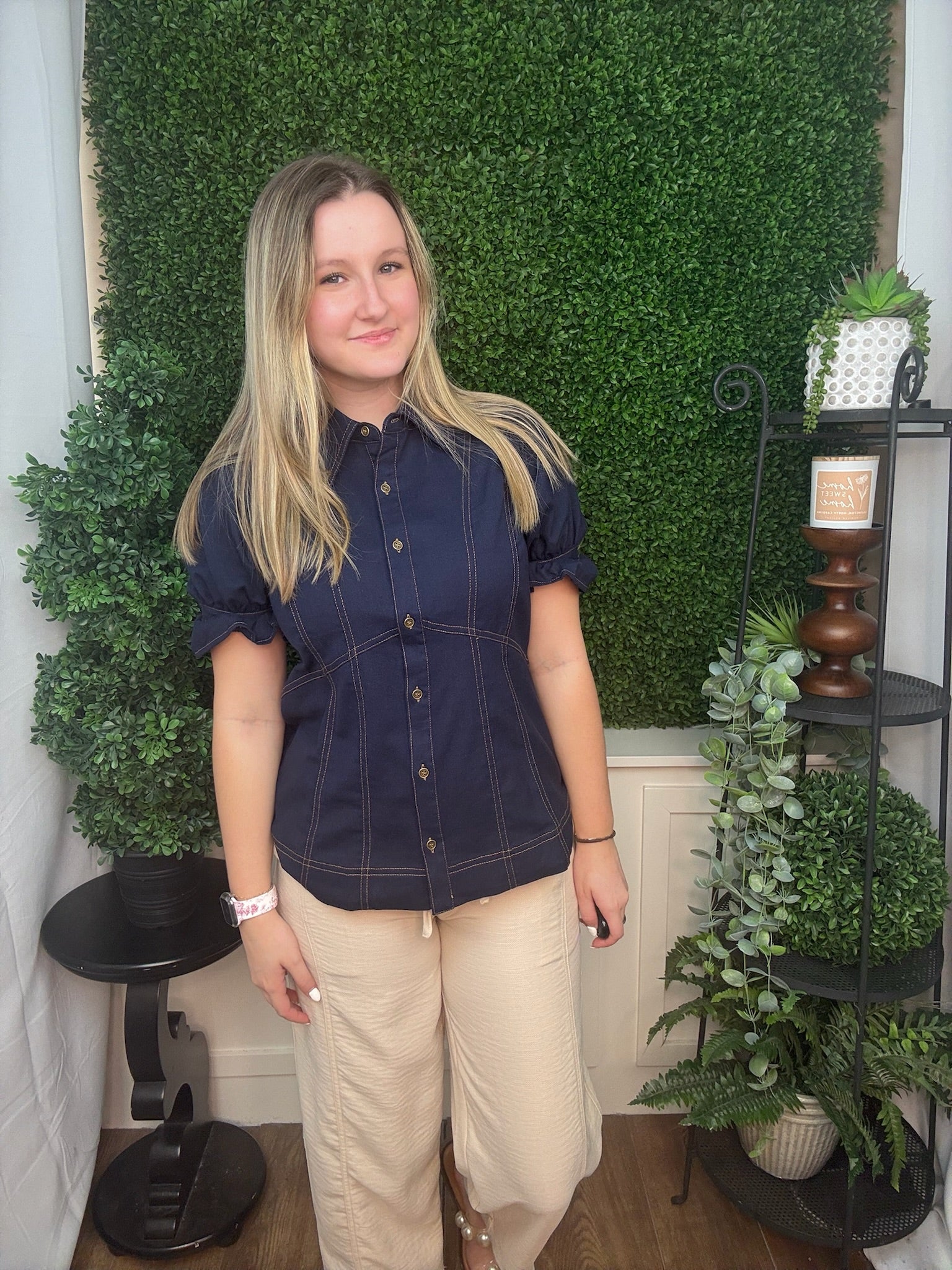 Contrast Stitch Panel Puff Sleeve Blouse