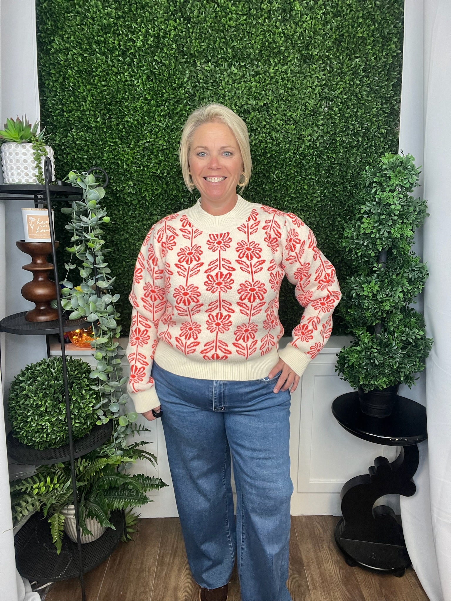 FLORAL PATTERN KNIT SWEATER - TANGERINE TANGO