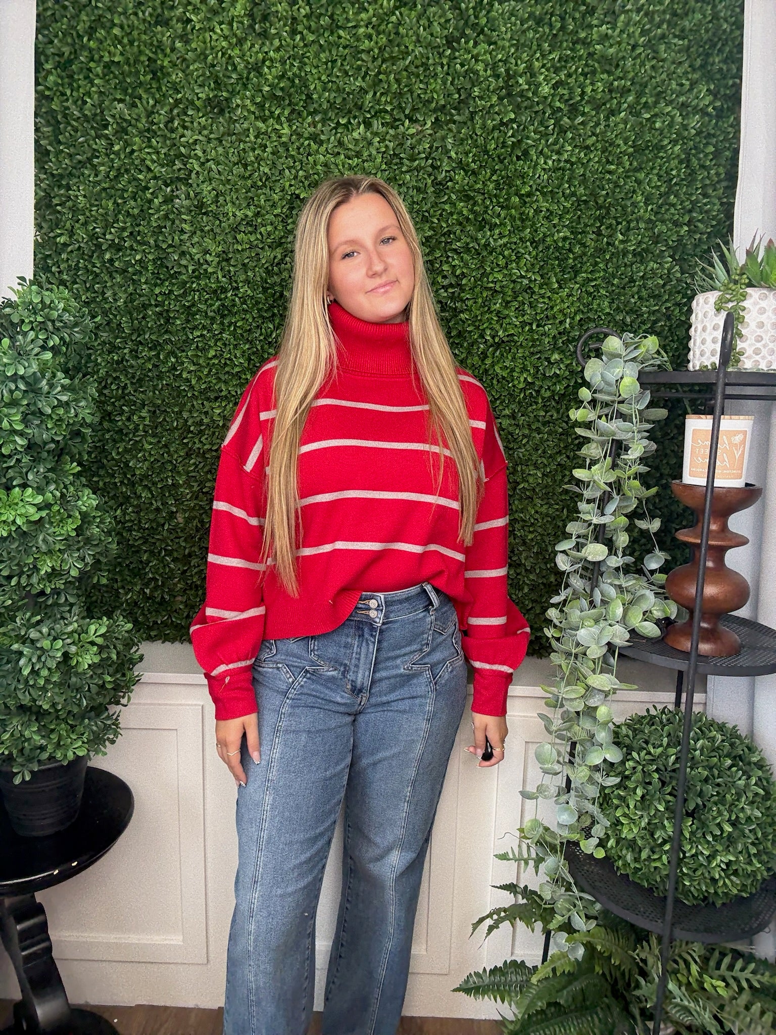 MOCK NECK OVERSIZED STRIPE SWEATER - CRIMSON