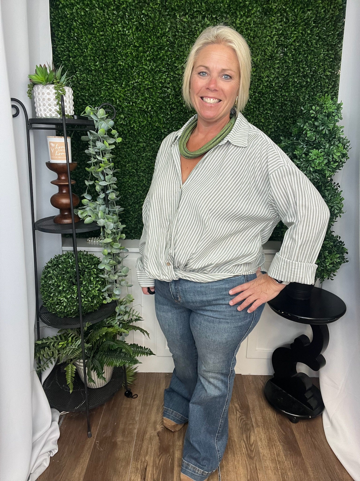 STRIPE TWISTED BUTTON-UP BLOUSE - GREEN/WHITE