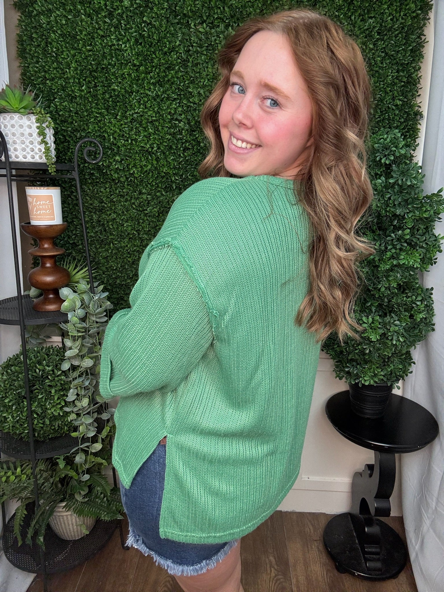 3/4 FOLDED SLEEVE KNIT TOP - GREEN