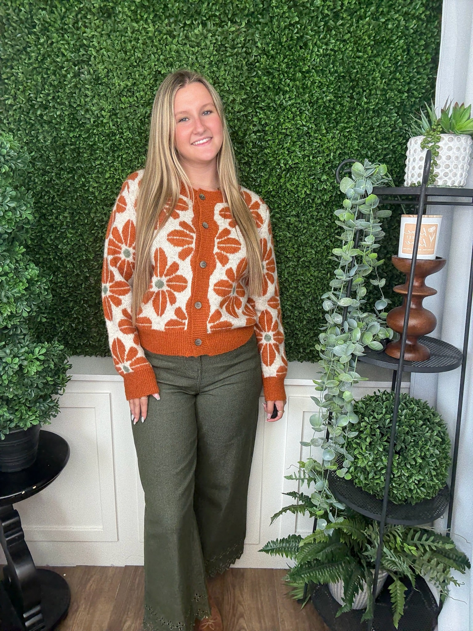 PATTERNED KNIT BUTTON FRONT JACKET - RUST