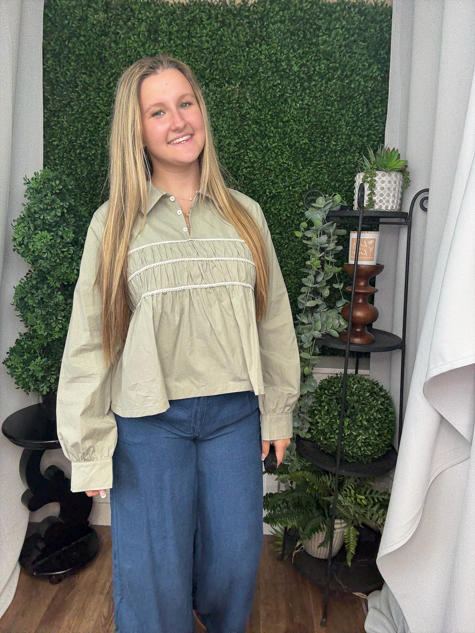 PEPLUM TRIM DETAIL SHIRT - MINT/ECRU