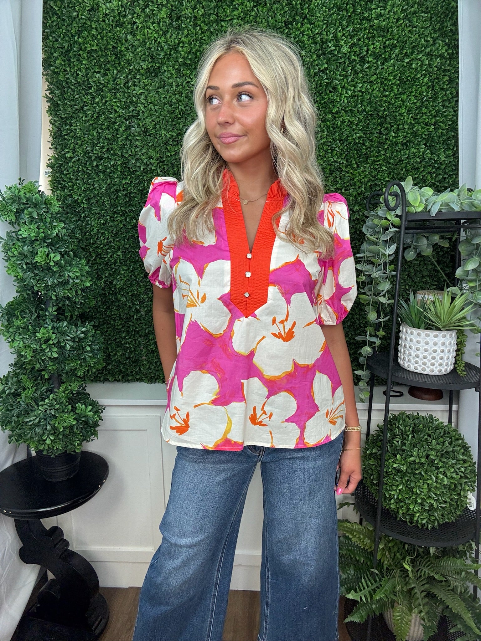 Sunset Bloom Ruffle Trim Blouse