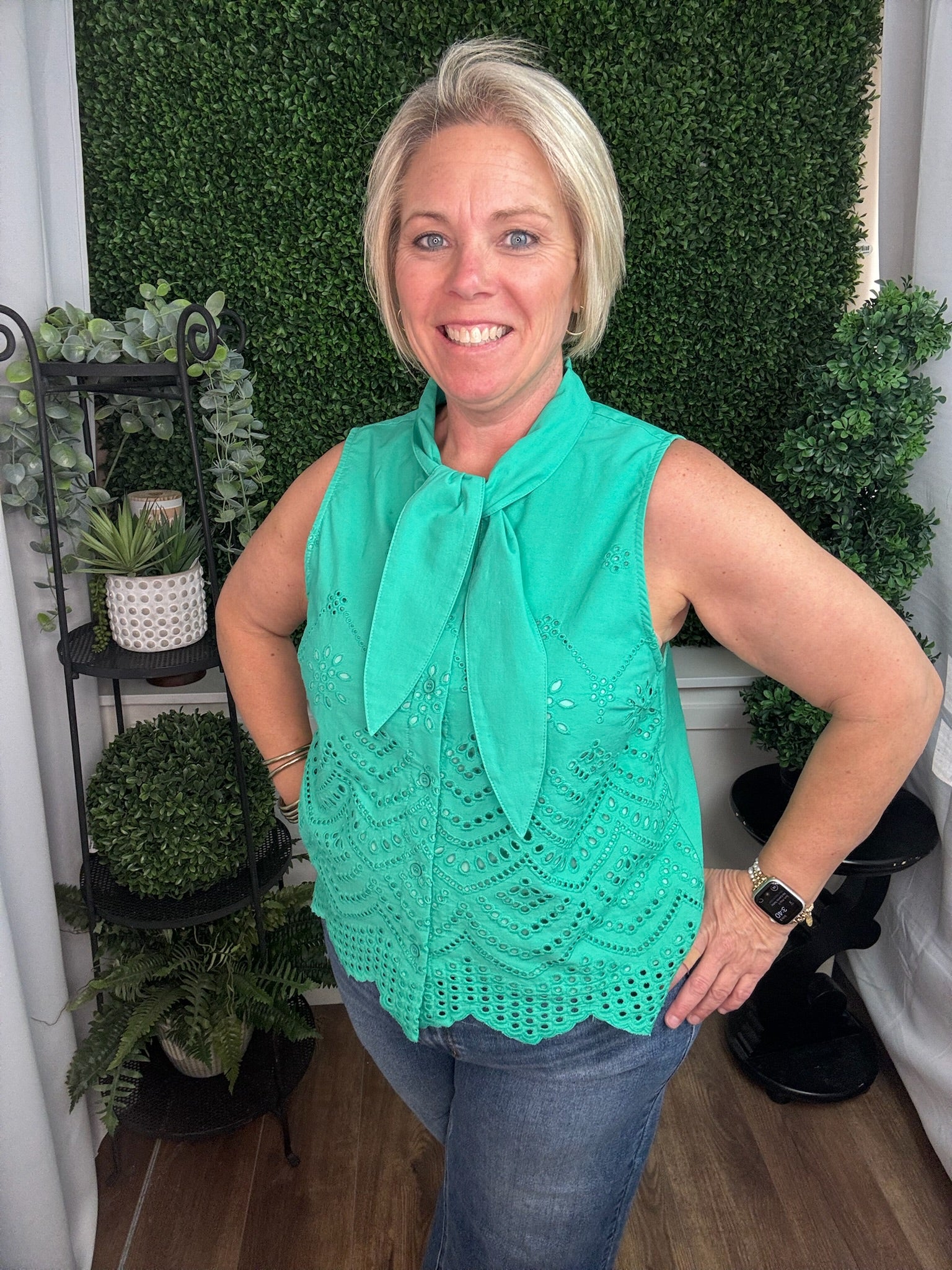 Sage Eyelet Scallop Hem Tie-Neck Blouse