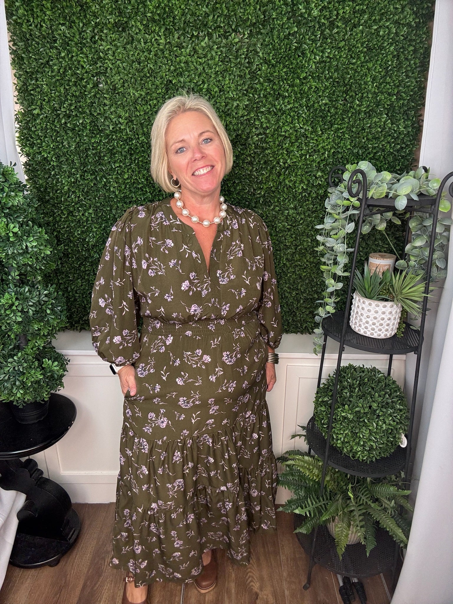 3/4 SLEEVE PRINTED MINI DRESS WITH POCKETS - OLIVE