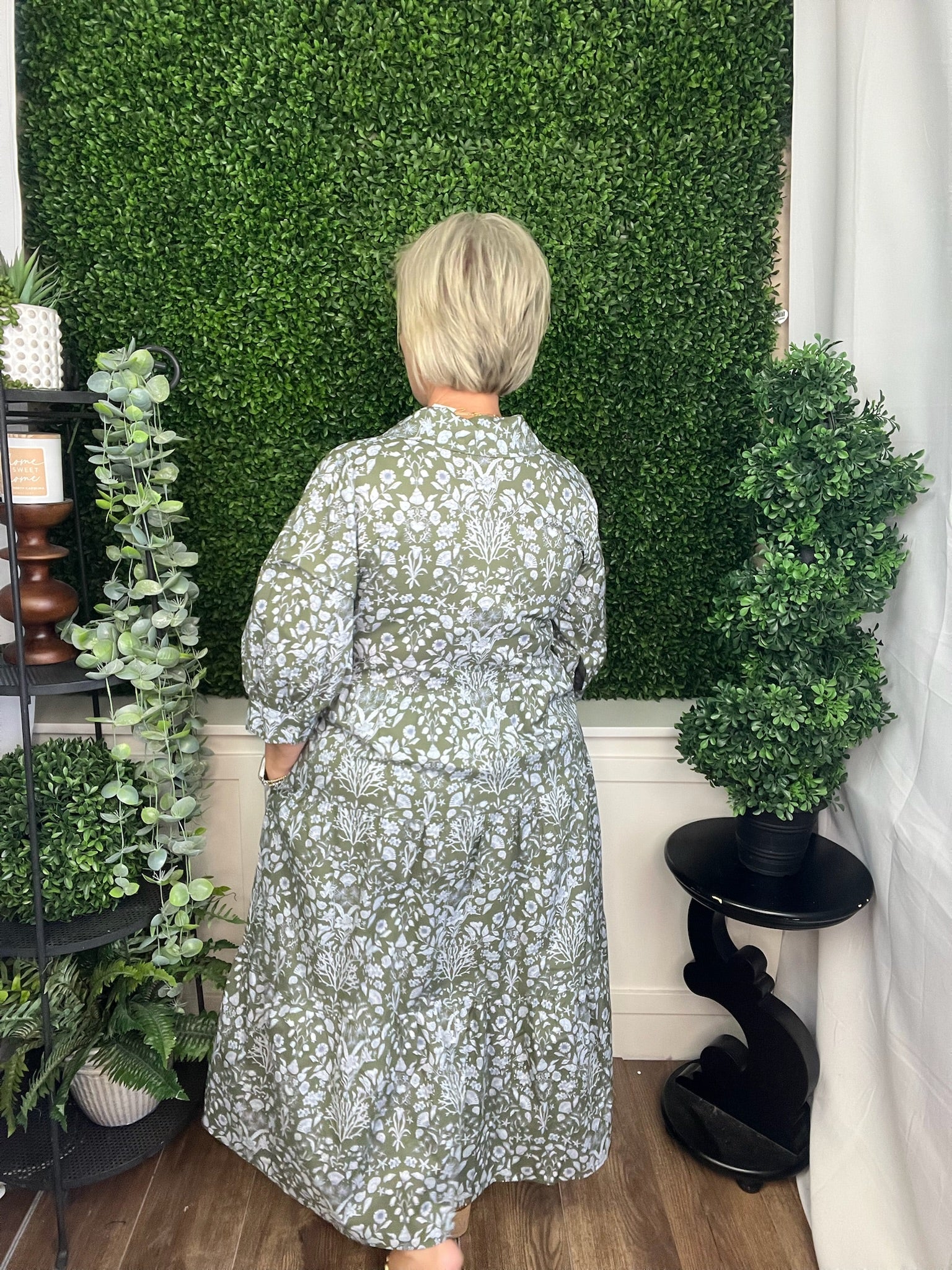 FLORAL PRINT CUFF 3/4 SLEEVE MIDI DRESS - OLIVE