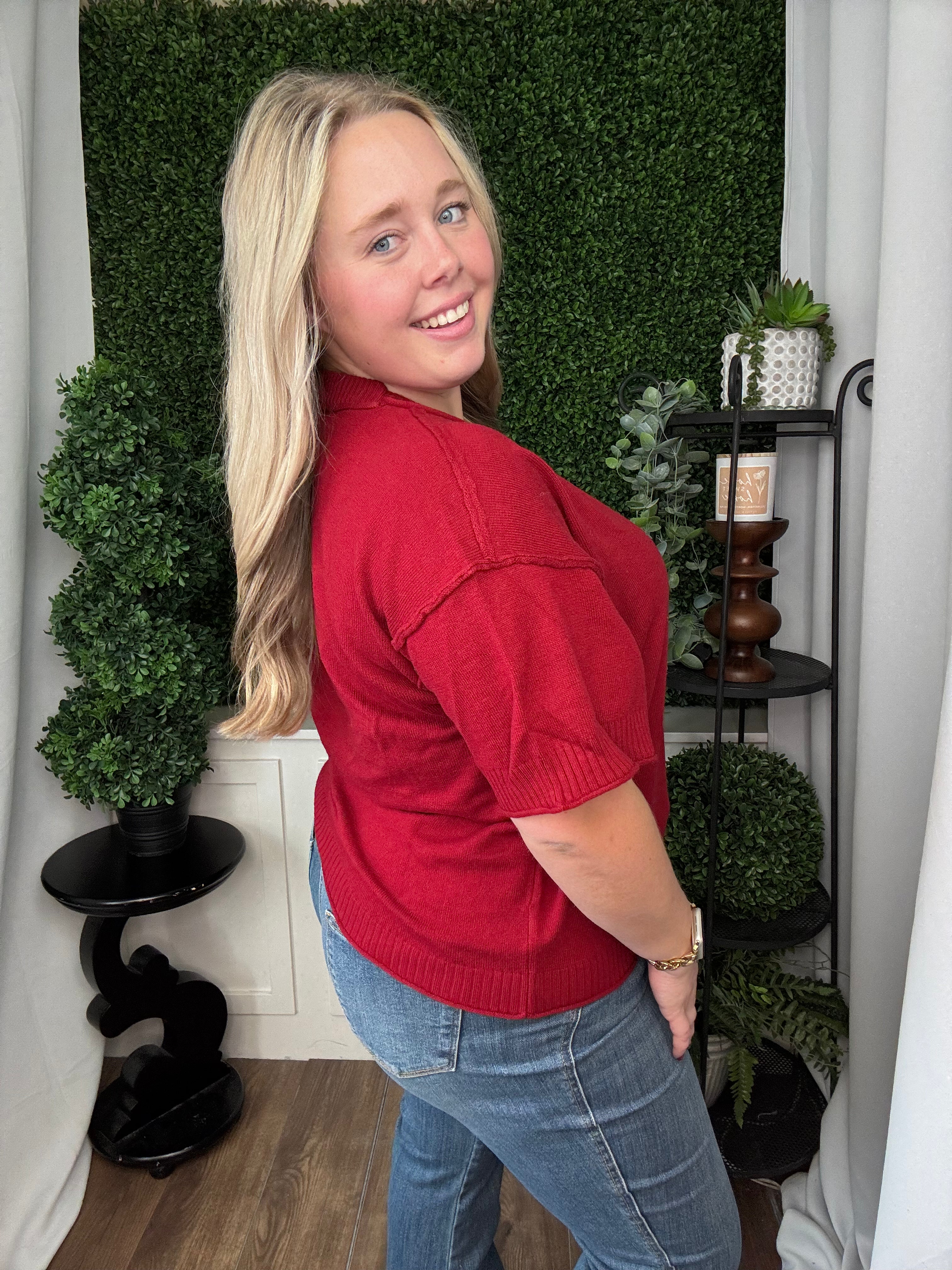 RAW EDGE ACCENT COMFY SWEATER TOP - BURGUNDY