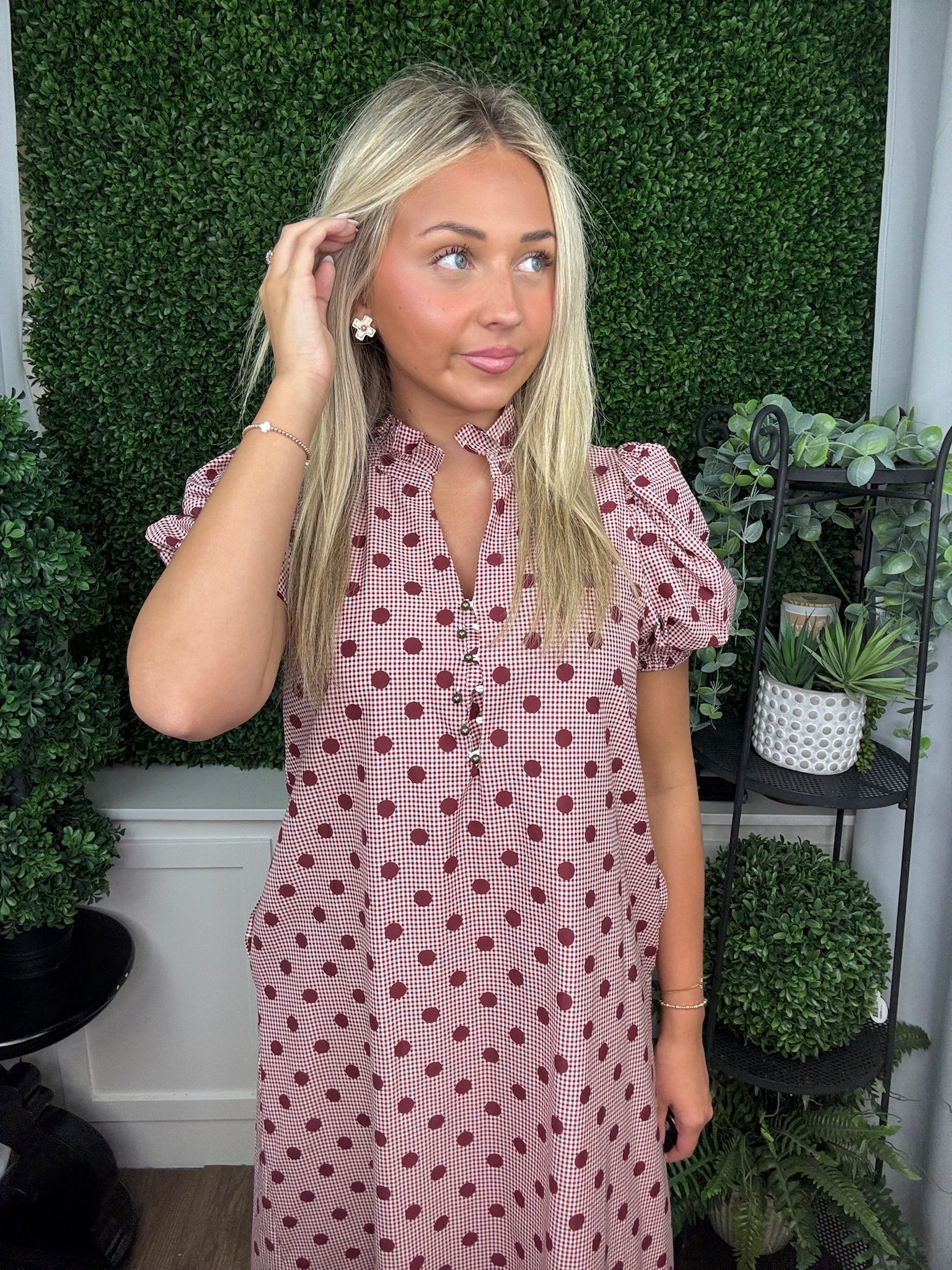 POLKA DOT PUFF SLEEVE DRESS - BURGUNDY