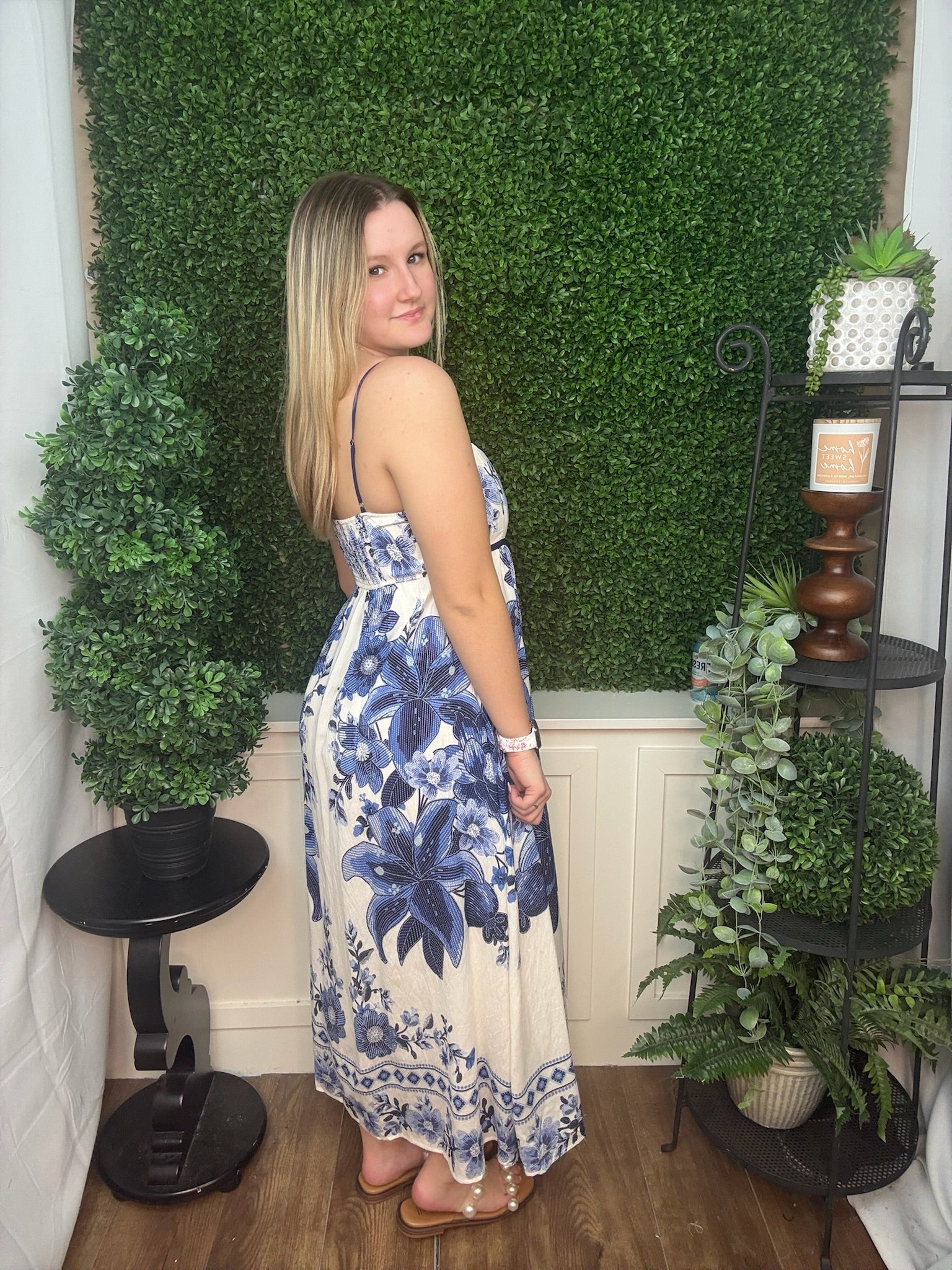 Blue Garden Scallop Trim Midi Dress