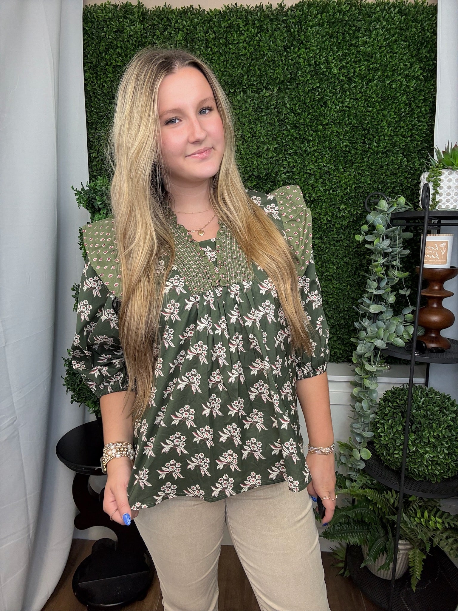 3/4 SLEEVE SMOCKED NECK WOVEN PRINT TOP - OLIVE