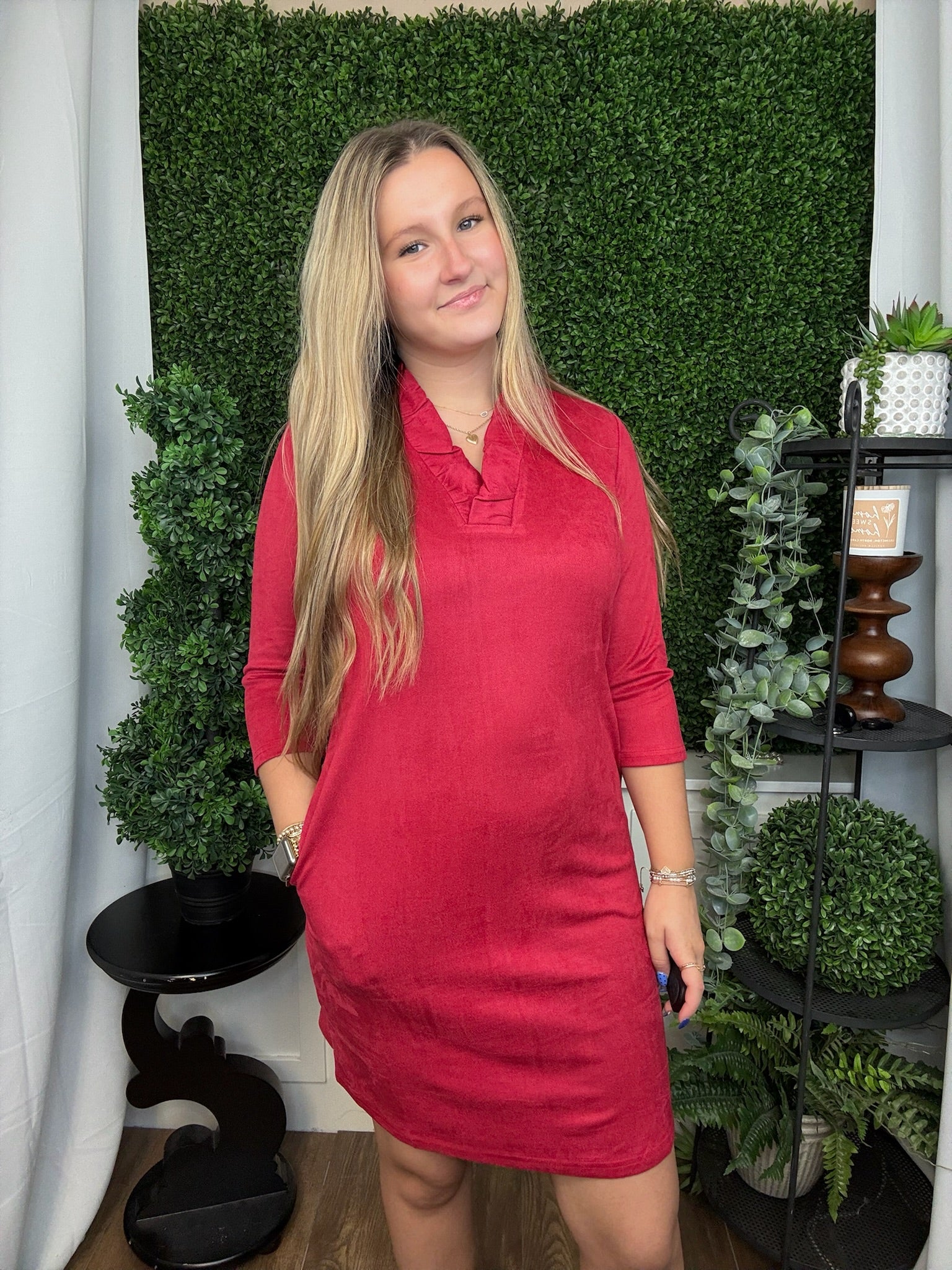 JULIET RUFFLE NECK DRESS - CHERRY RED