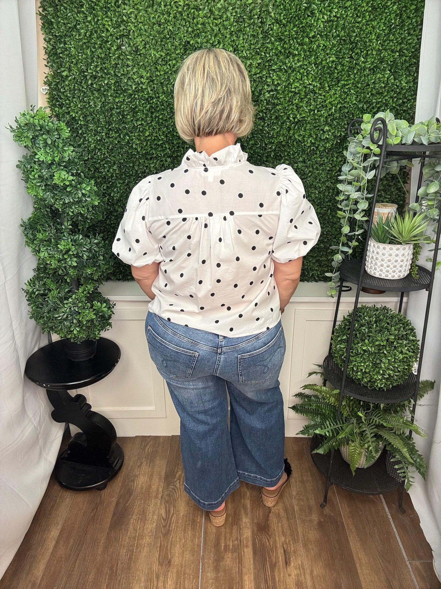 Polka Dot Ruffle Front Blouse