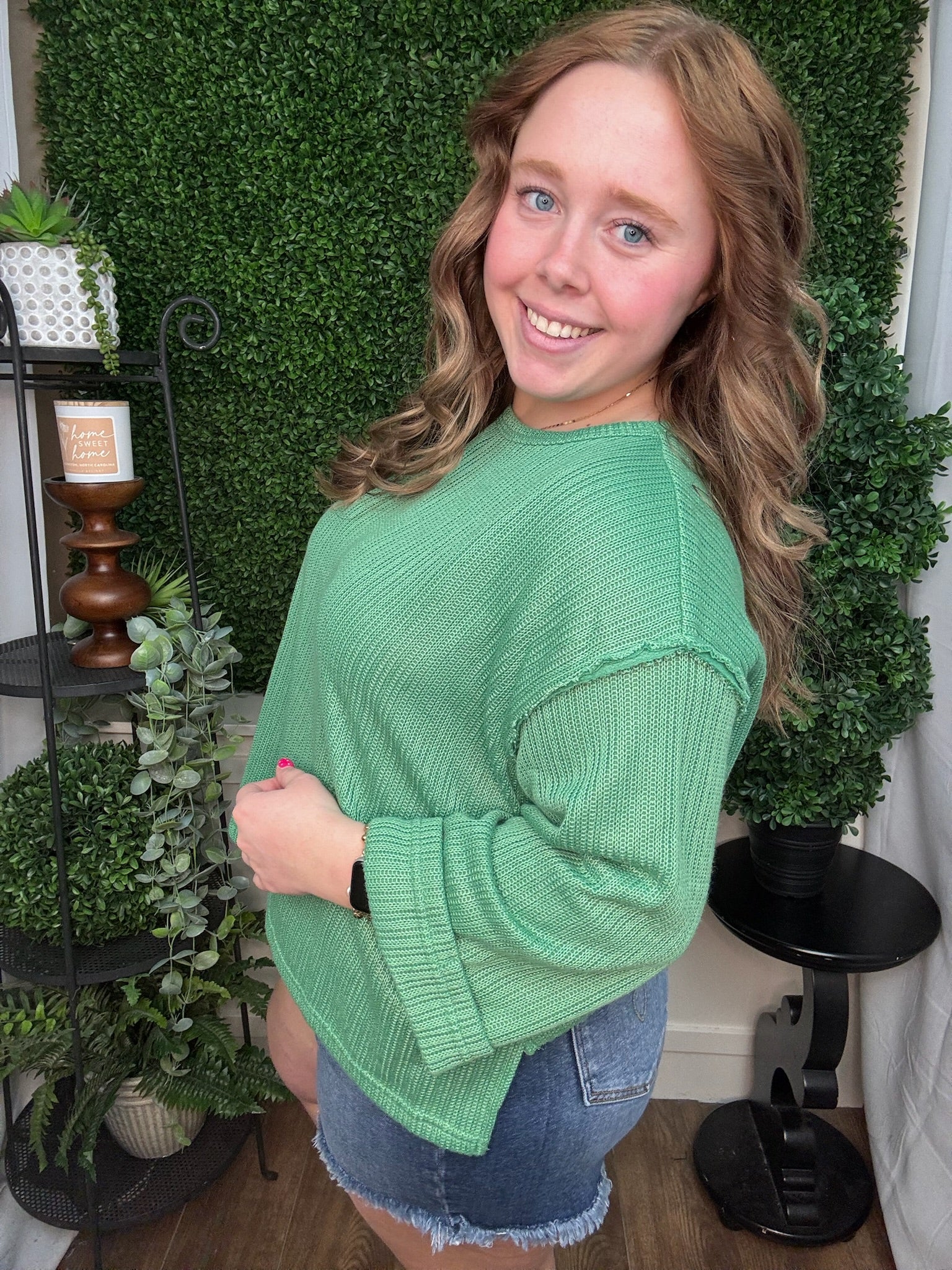 3/4 FOLDED SLEEVE KNIT TOP - GREEN