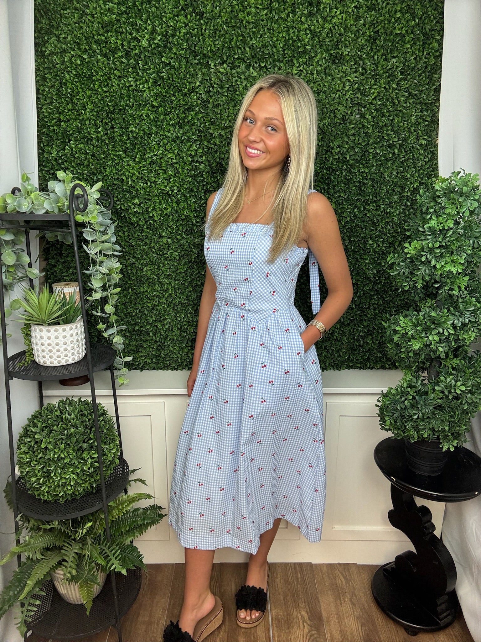 Blue Gingham Cherry Midi Dress