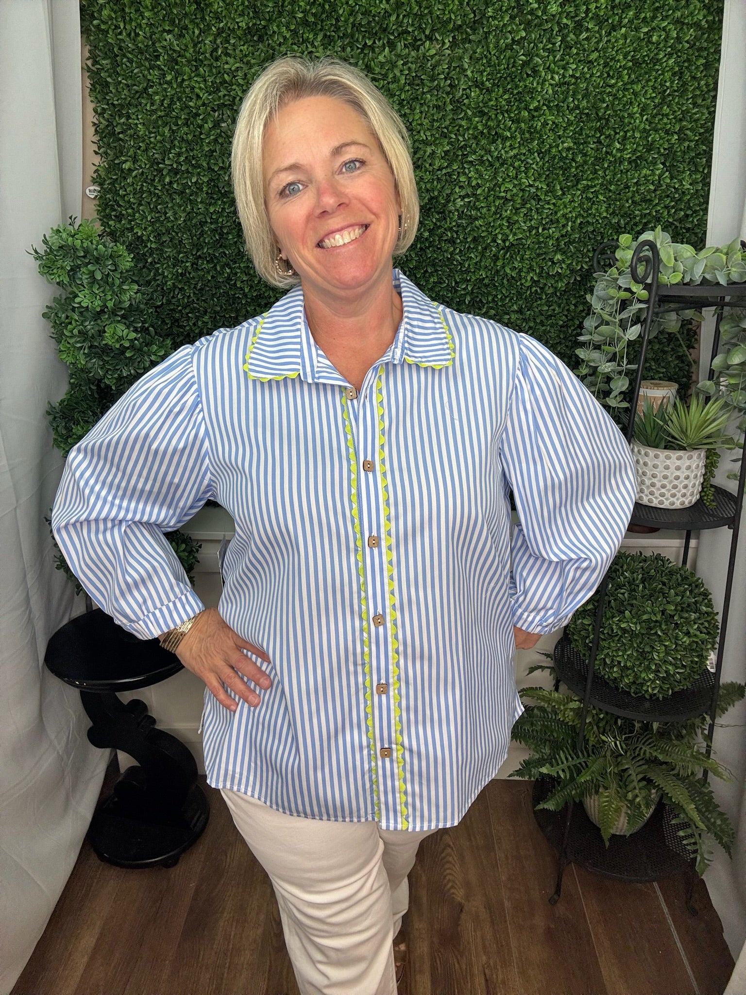 WOVEN BUTTON FRONT W/RICK RACK TRIM DETAILS - BLUE STRIPE