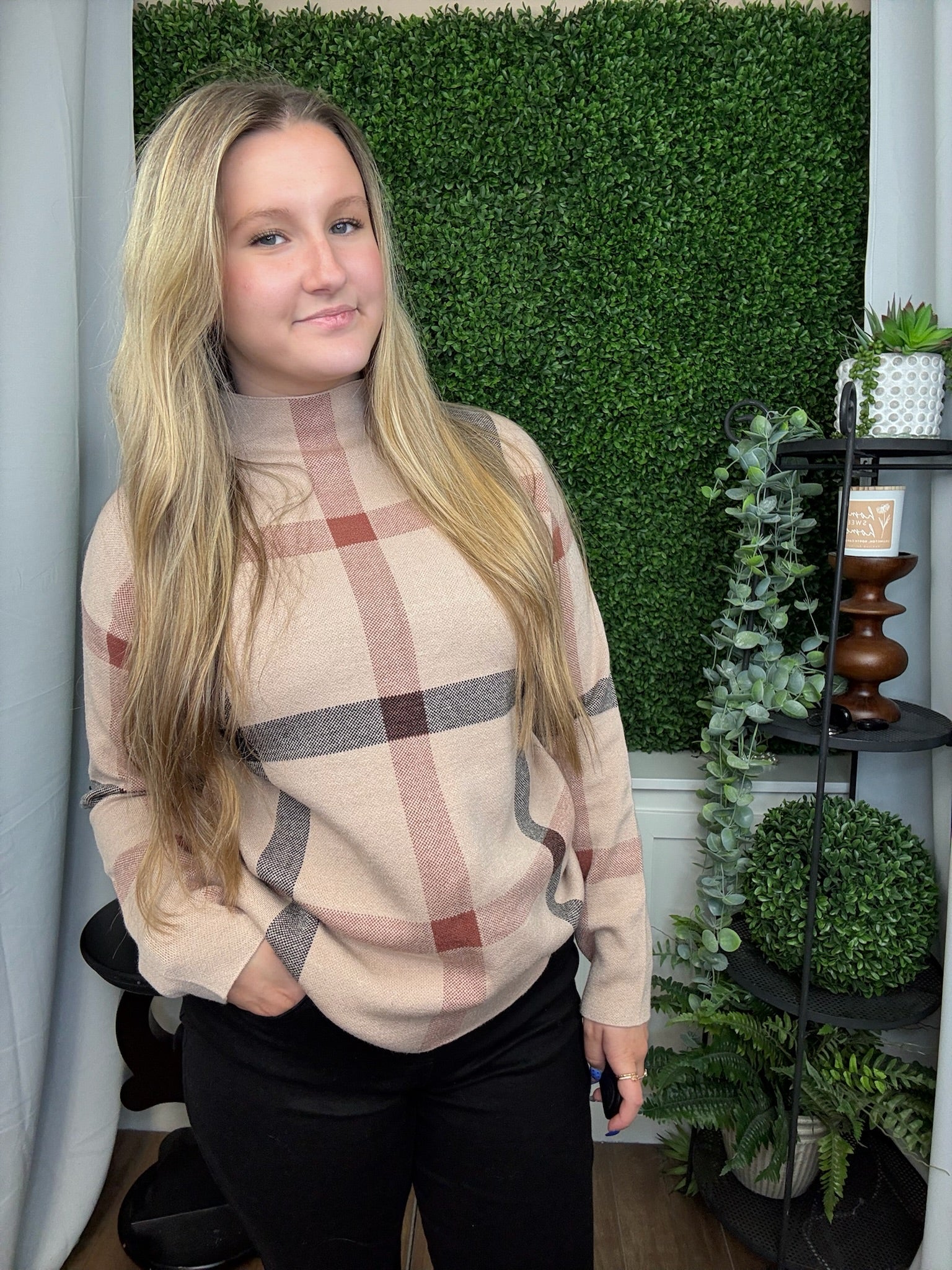 CHECKER JACQUARDED MOCK NECK LS SWEATER - TAUPE