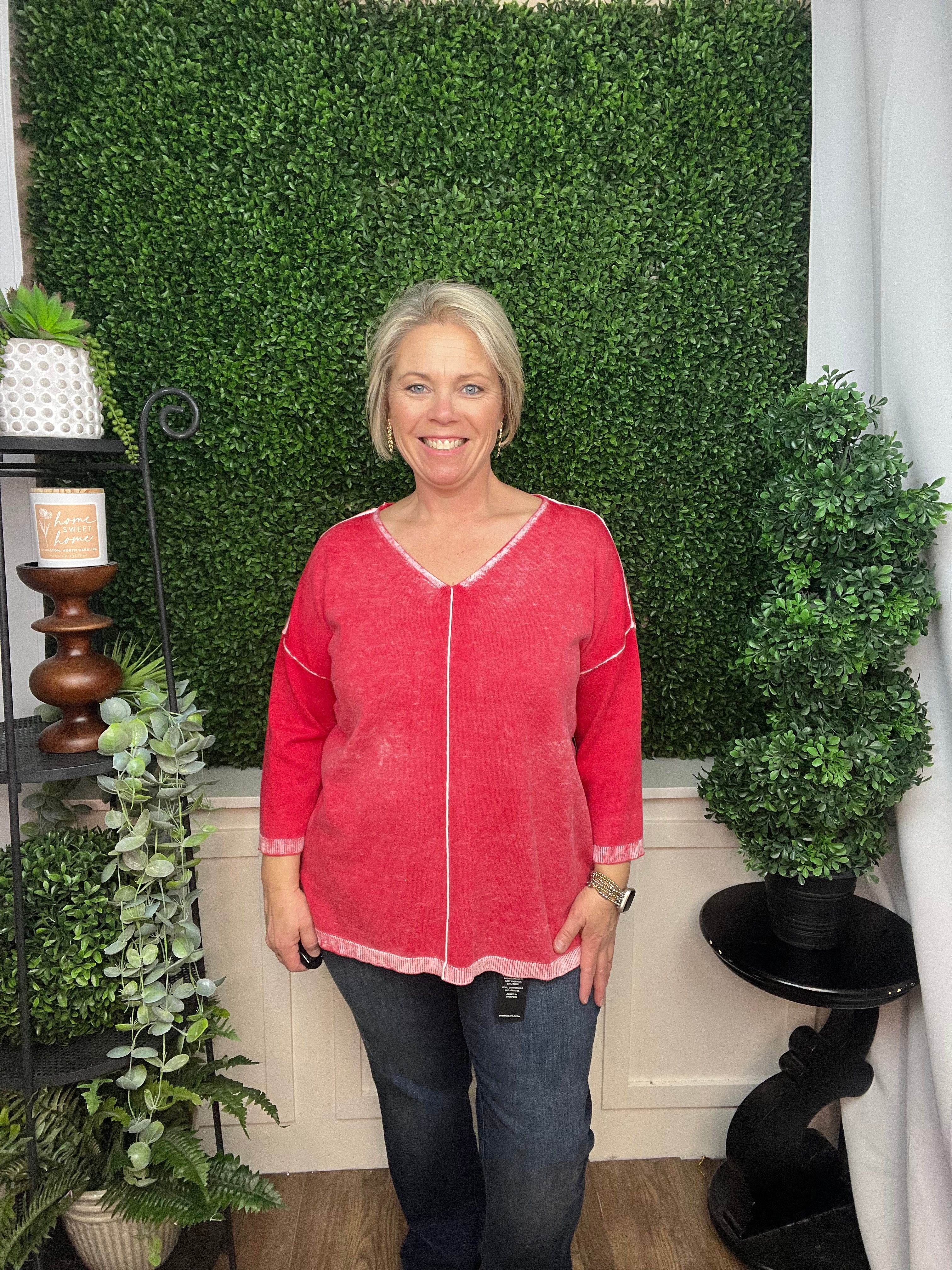 REVERSE PRINTED V-NECK SWEATER W/FRONT POCKET - WATERMELON