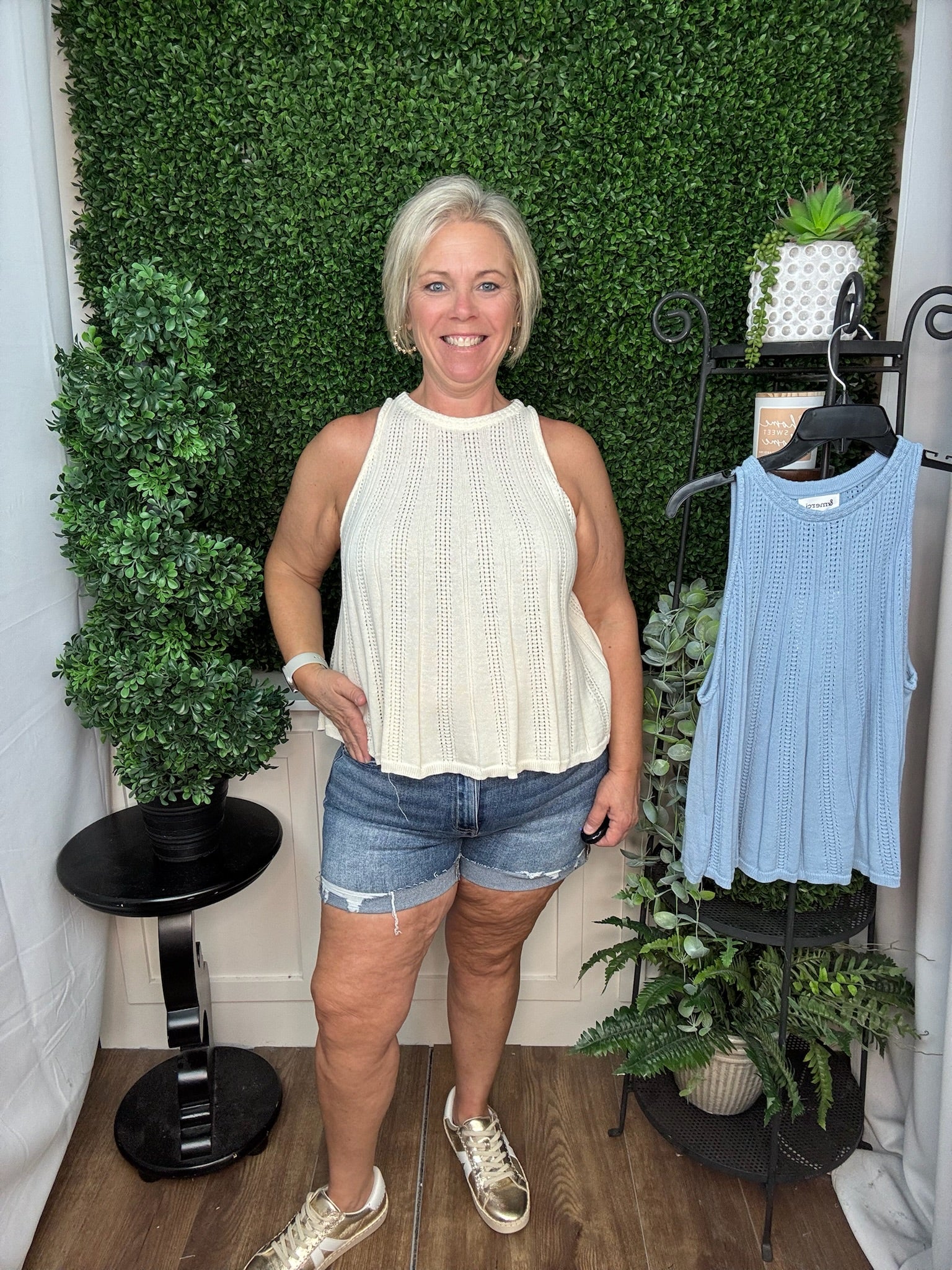 Blue Pointelle Knit Sleeveless Top