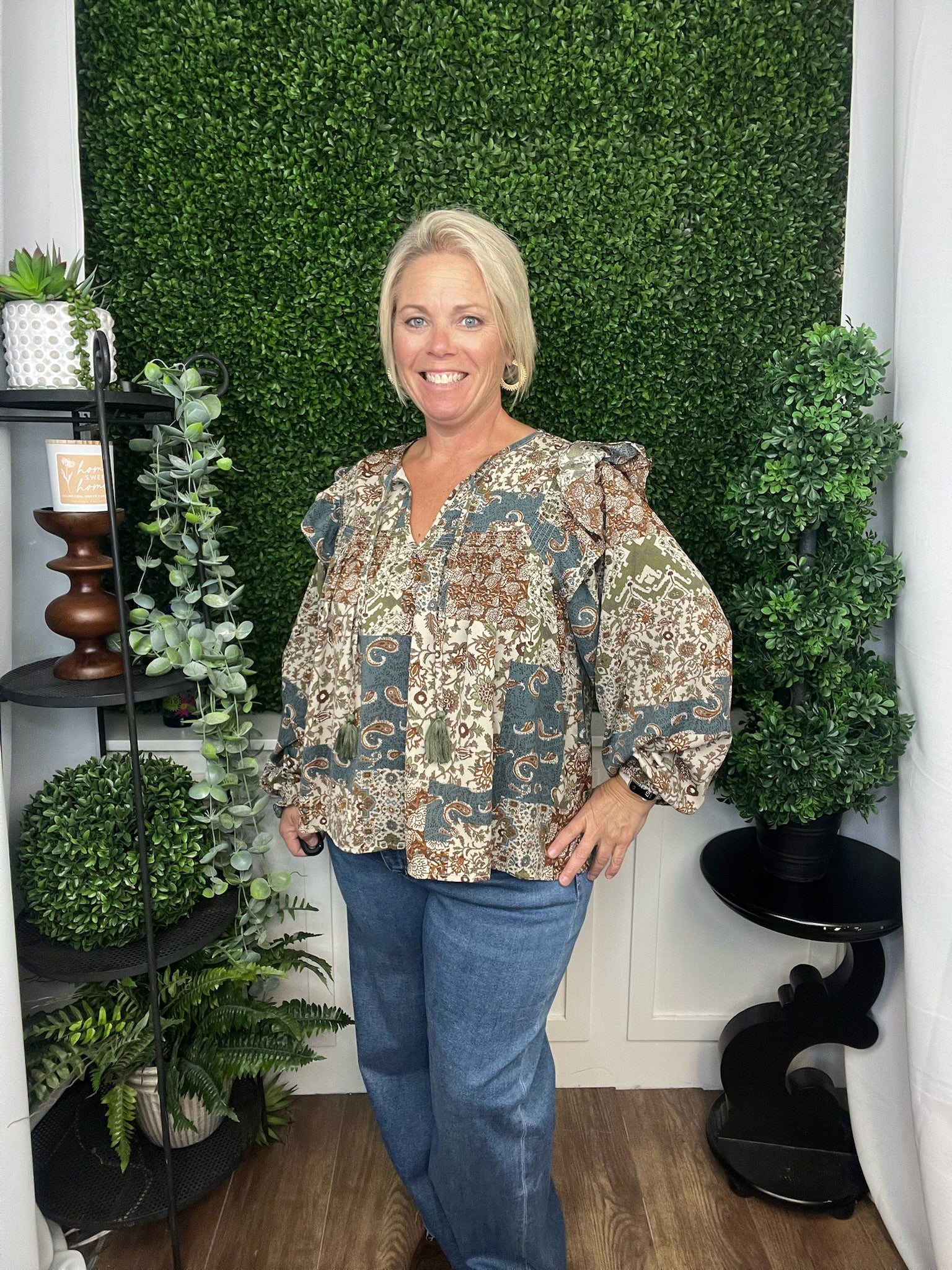 PATCHWORK PRINT SMOCKED RUFFLE BLOUSE - TEAL BLUR MULTI FLORAL