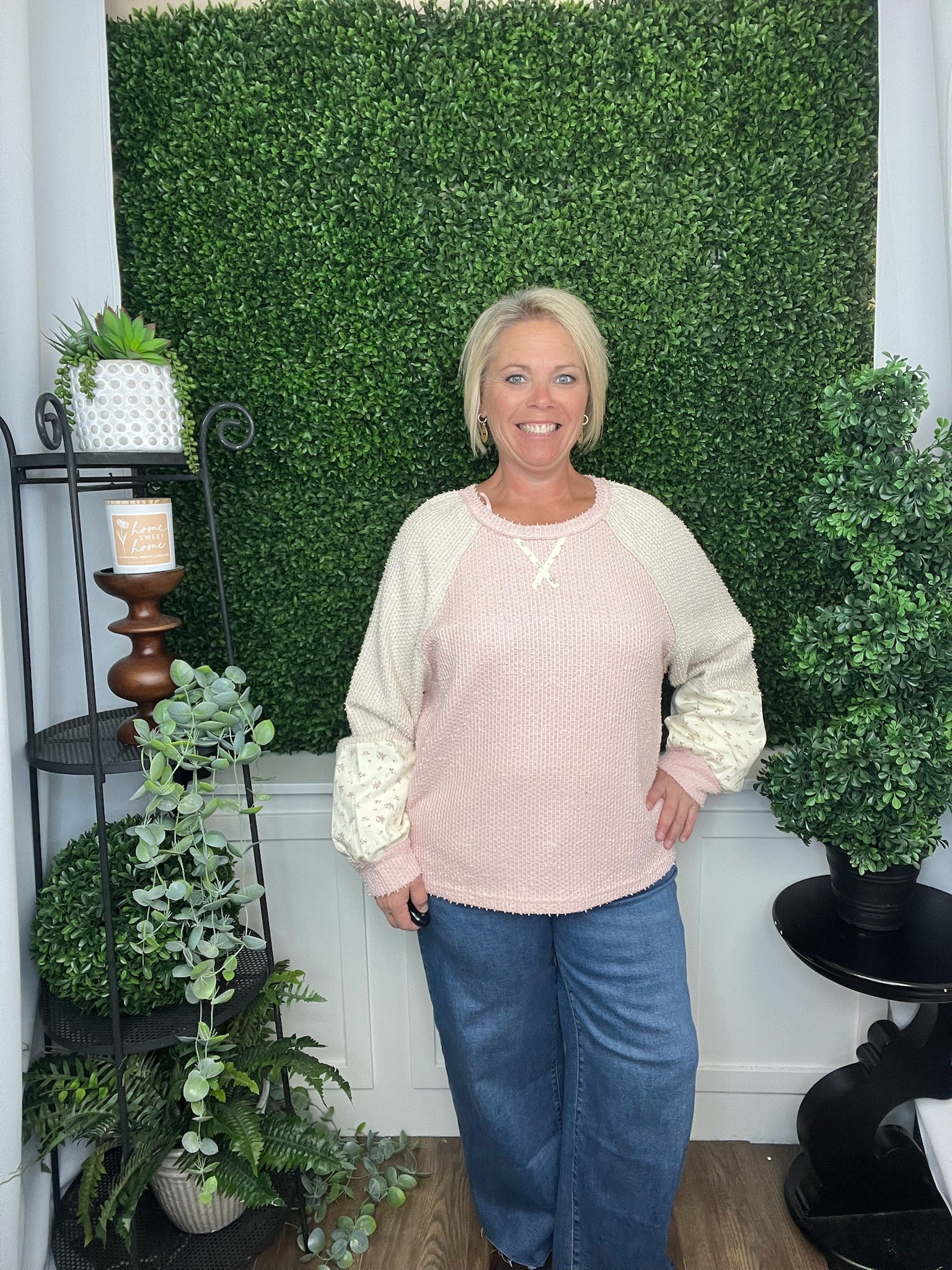 RAGLAN SLV COLOR BLOCK CASUAL KNIT TOP - BABY PINK