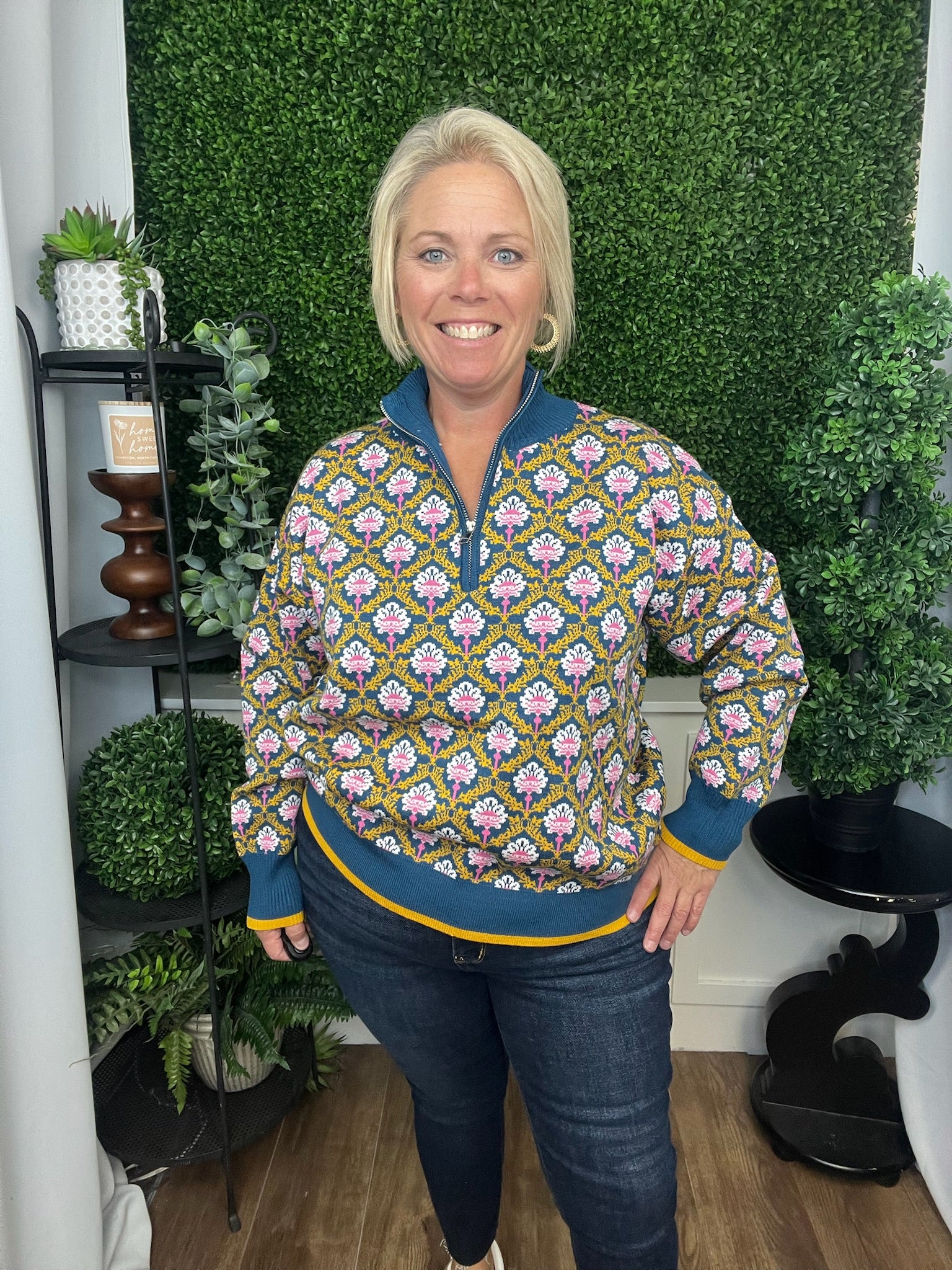 FLORAL MOCK NECK HALF ZIP PULLOVER - PEACOCK BLUE MULTI