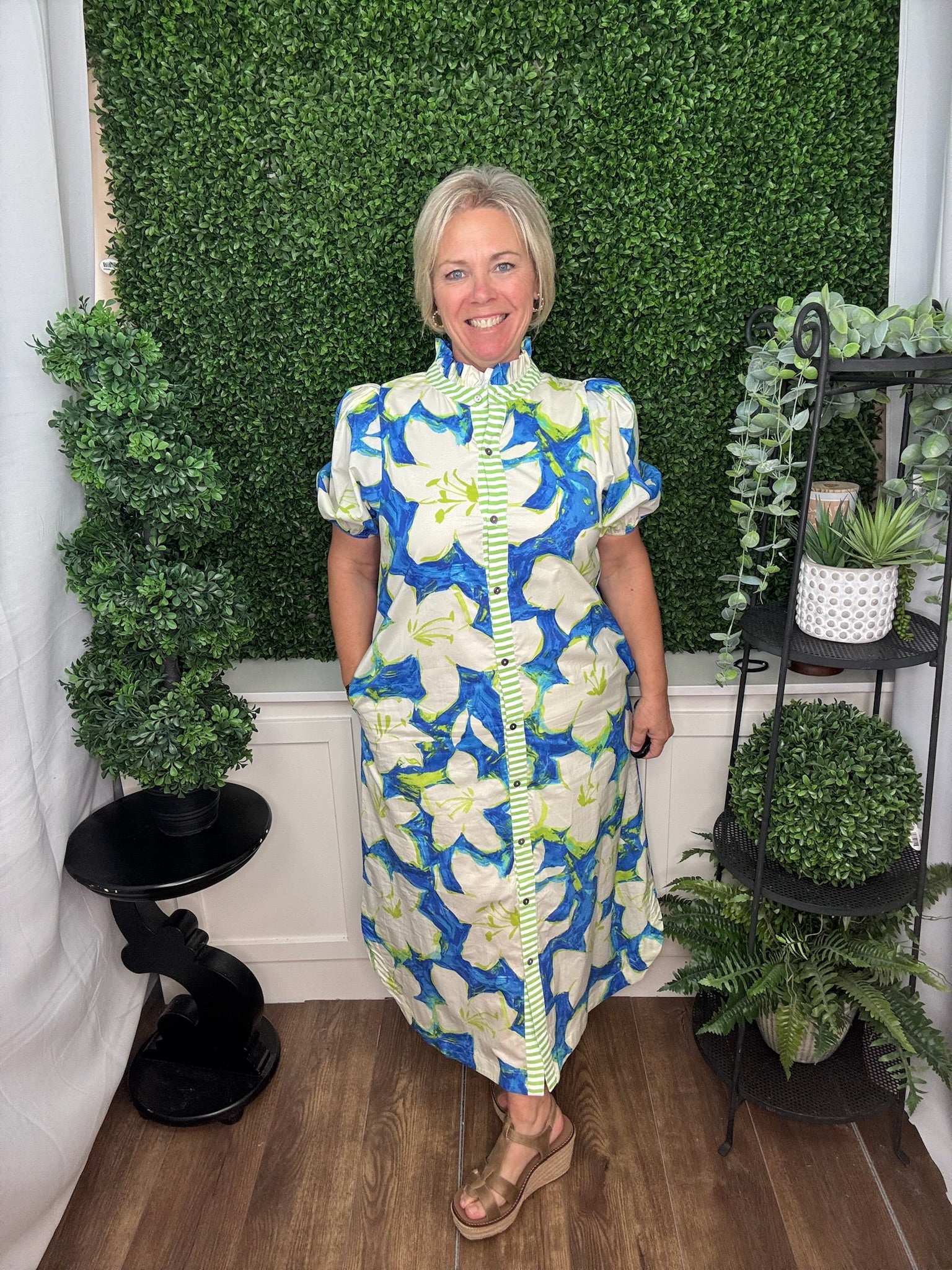 Tropical Bloom Puff Sleeve Shirt Dress