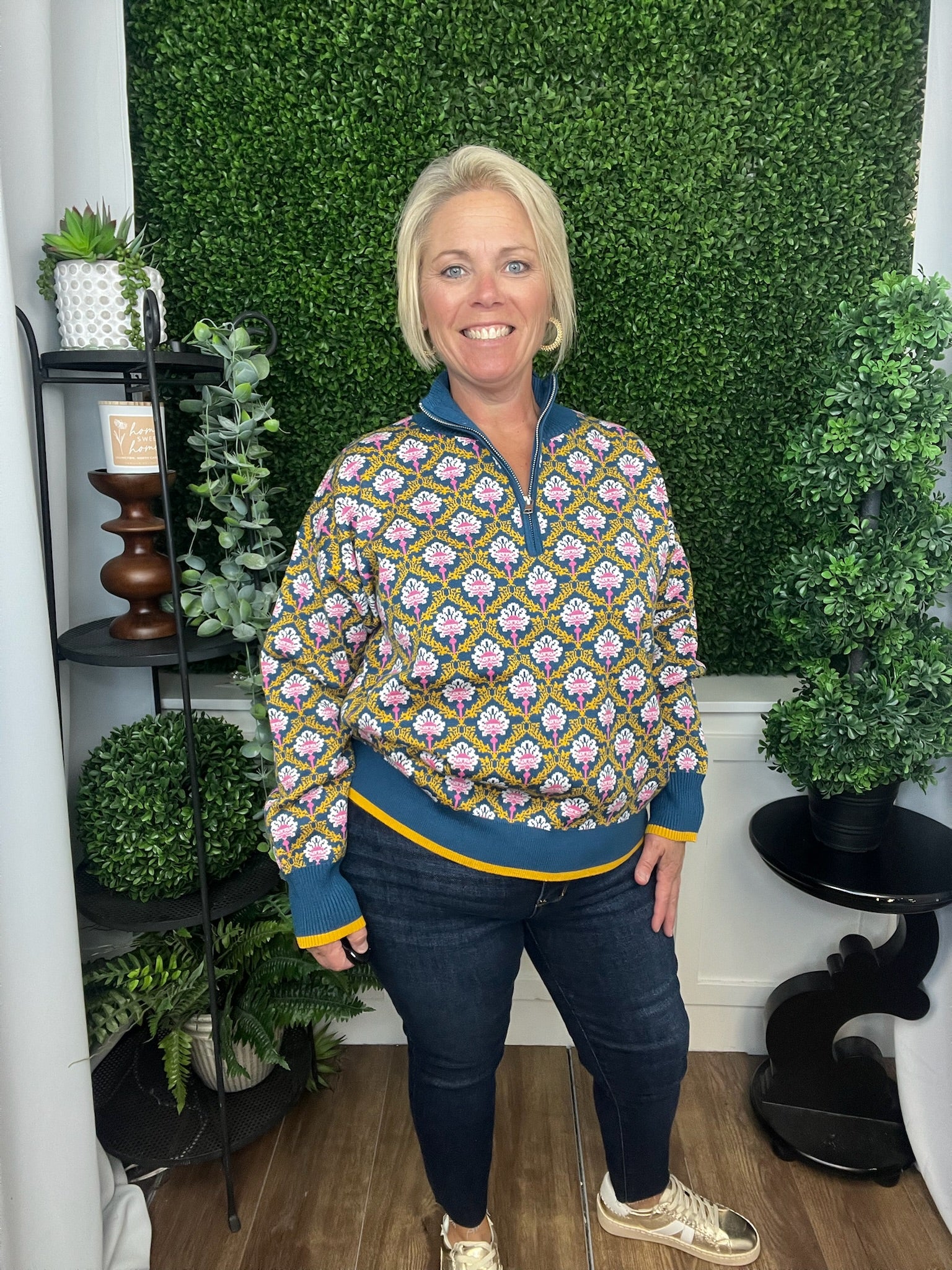 FLORAL MOCK NECK HALF ZIP PULLOVER - PEACOCK BLUE MULTI