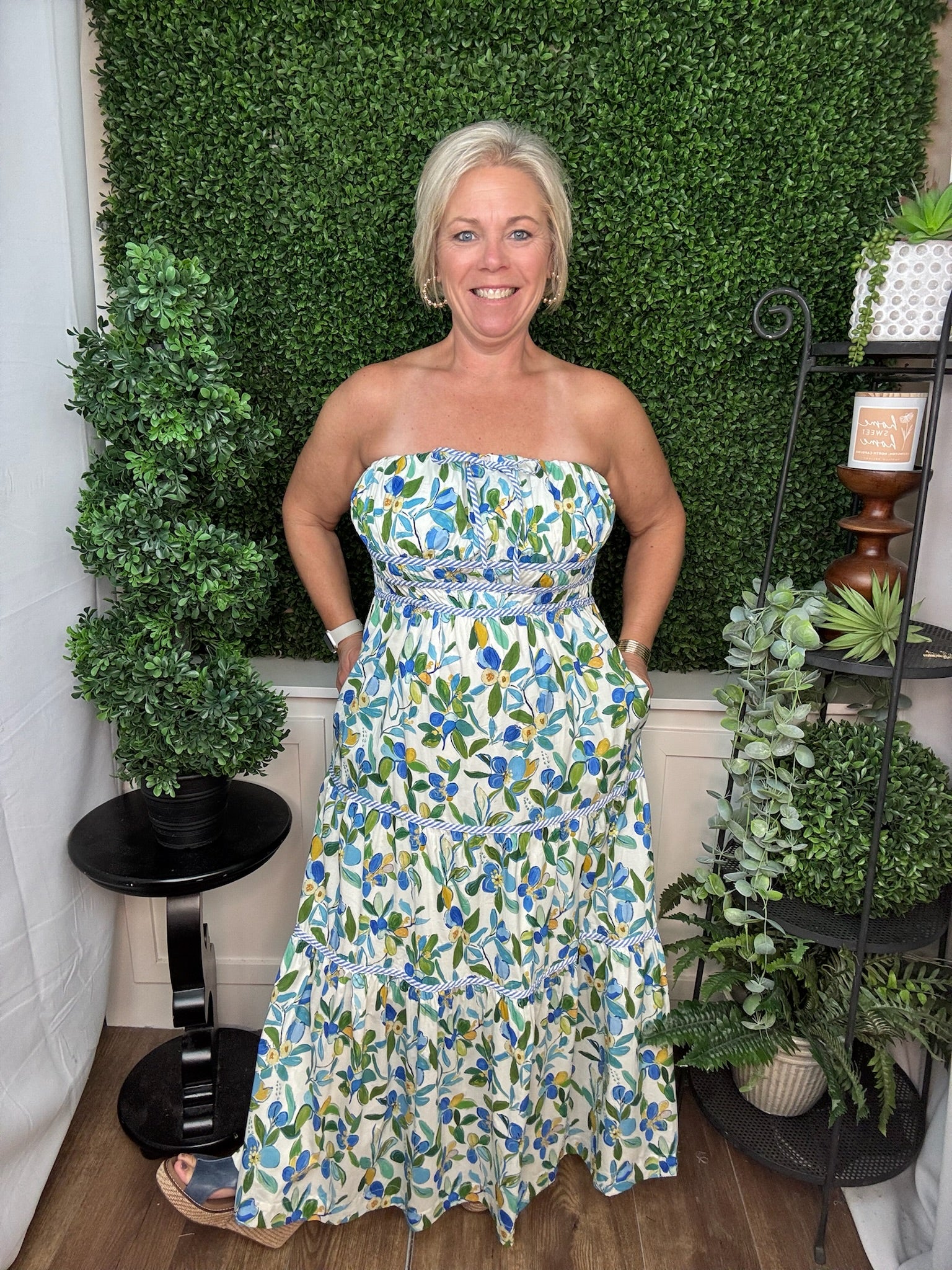 Azure Orchard Smocked Midi Dress