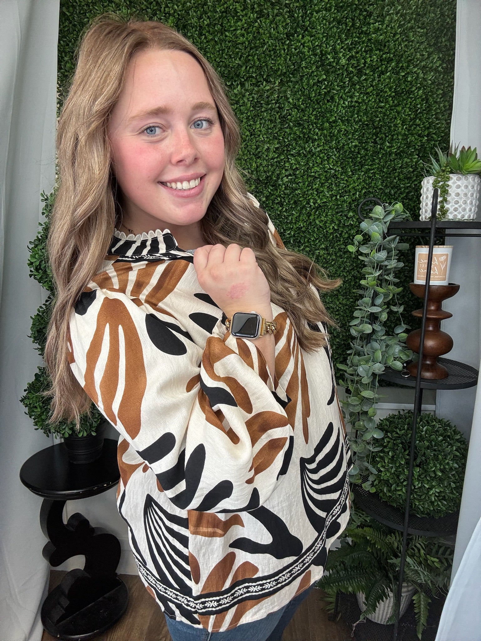 BOHO LEAFY PRINT SPLIT NECK TOP