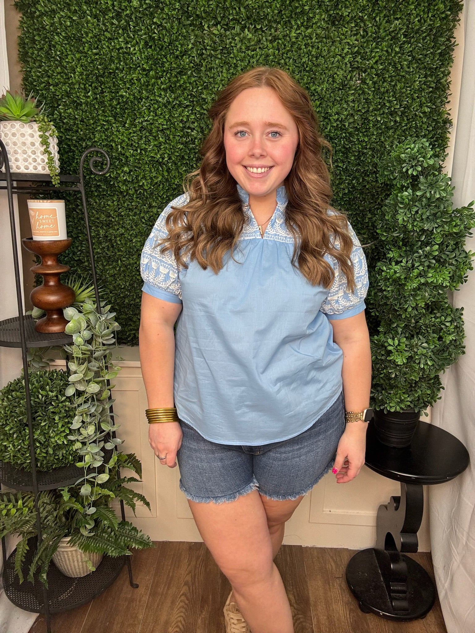 Embroidered Yoke Puff Sleeve Blouse