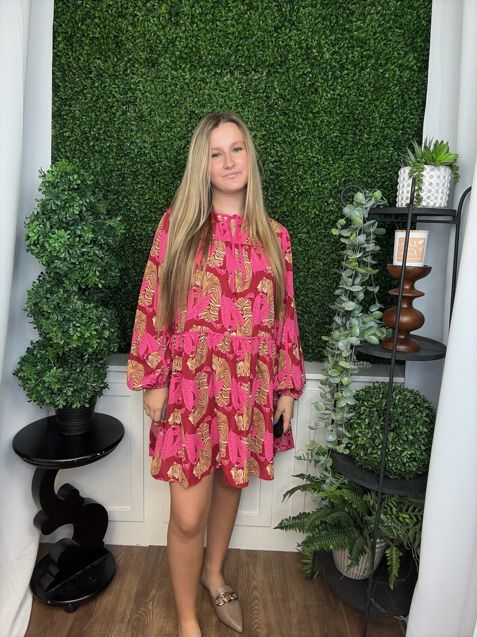 ANIMAL PRINTED WOOL TIERED DRESS - RASPBERRY