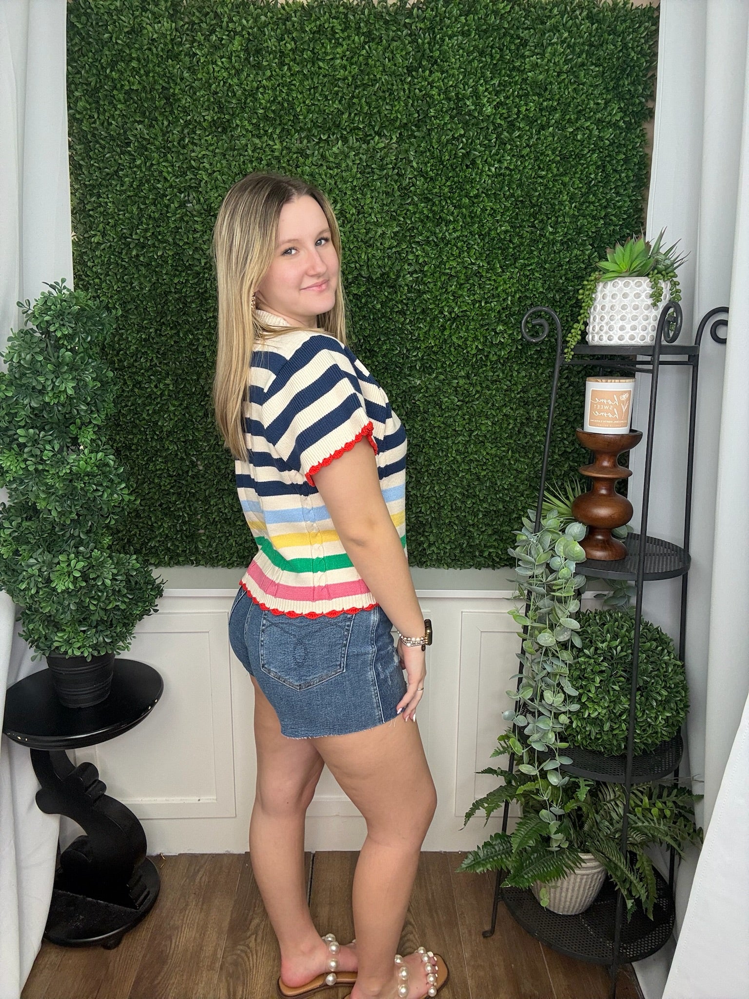 SHORT SLEEVE STRIPED KNIT TOP - CREAM