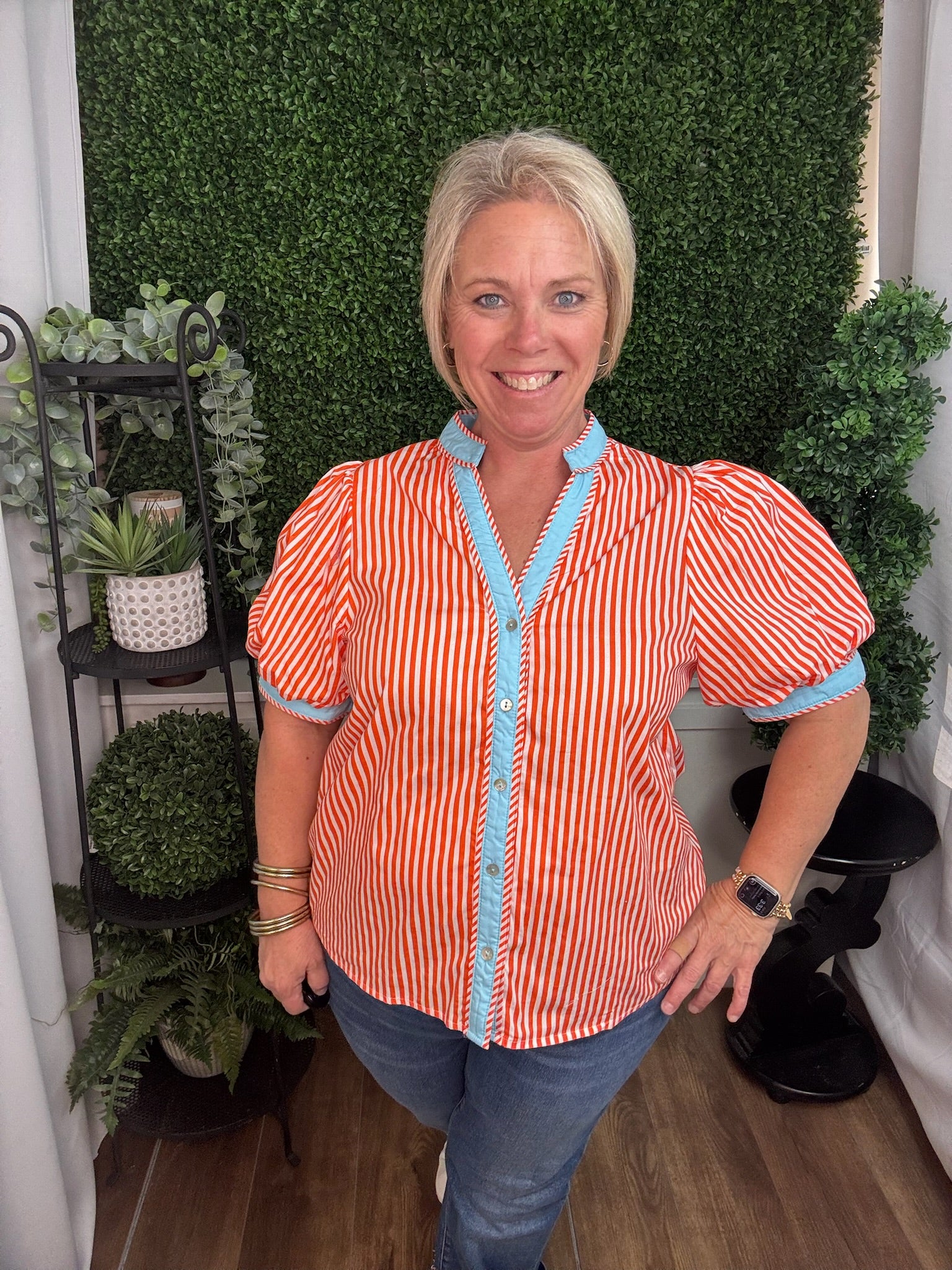 ORANGE WITH BLUE TRIM PUFFY SLEEVE TOP