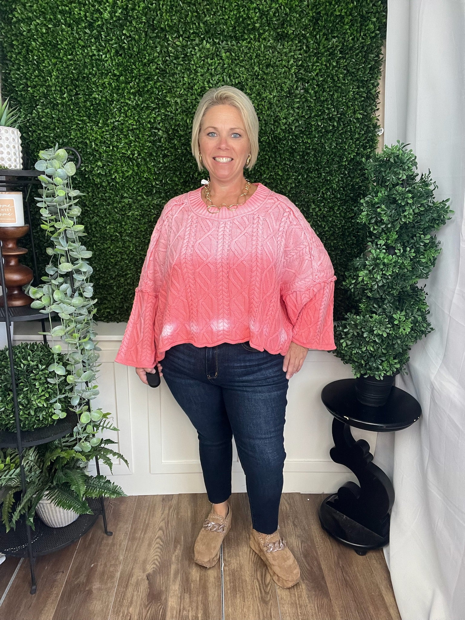 PINK SLOUCHY OVERSIZED CABLE KNIT SWEATER