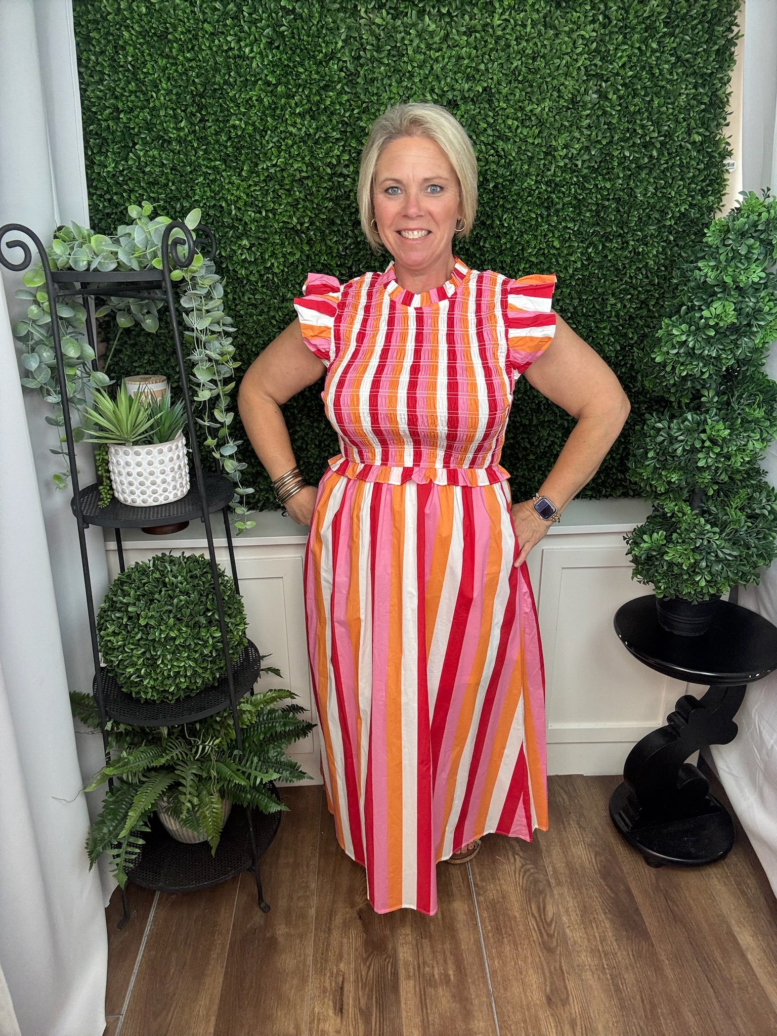 Striped Midi Dress with Ruffle Sleeves and Tie Waist