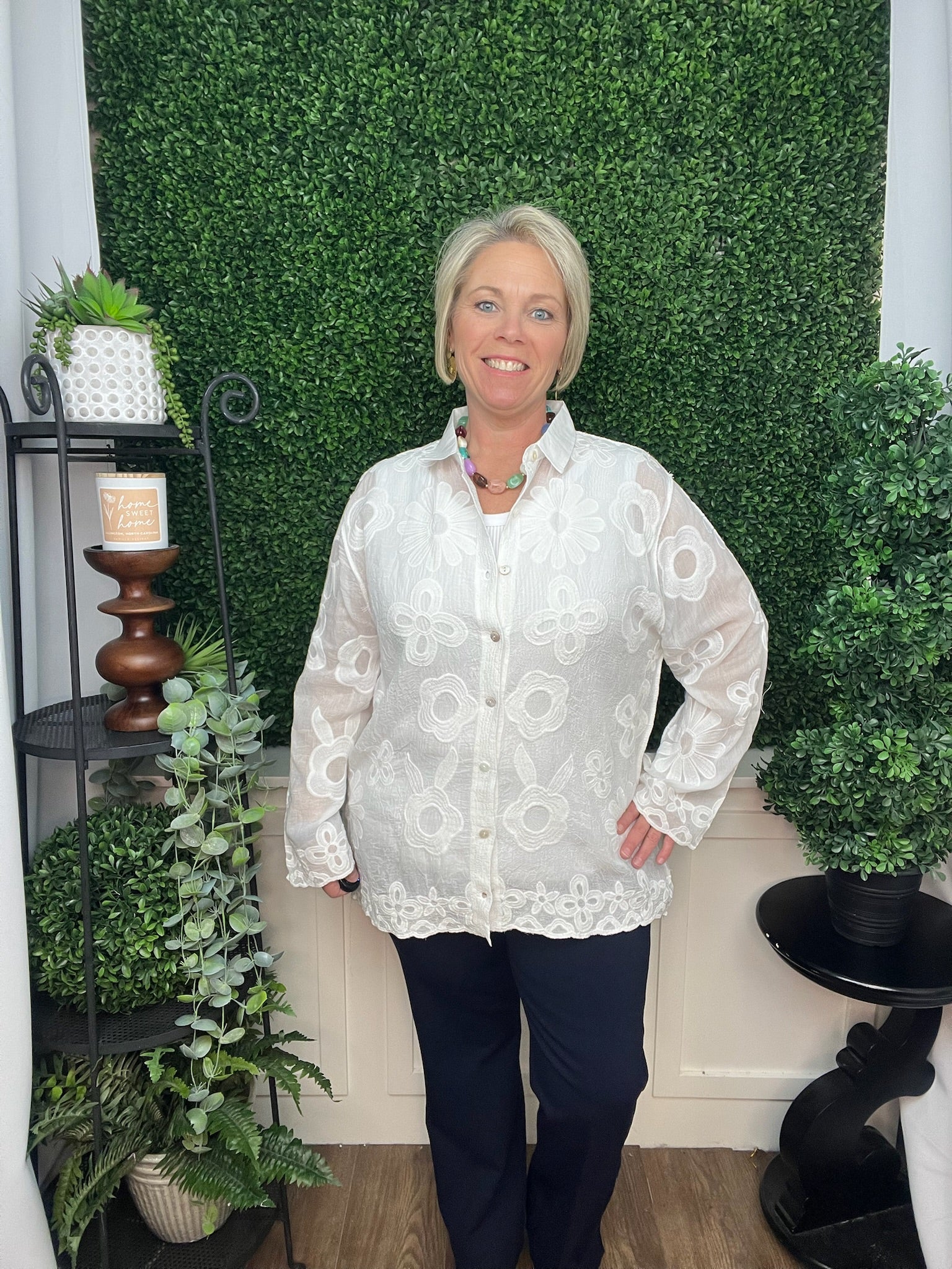 CHARLENE BUTTON FRONT EMBROIDERED TOP - WHITE