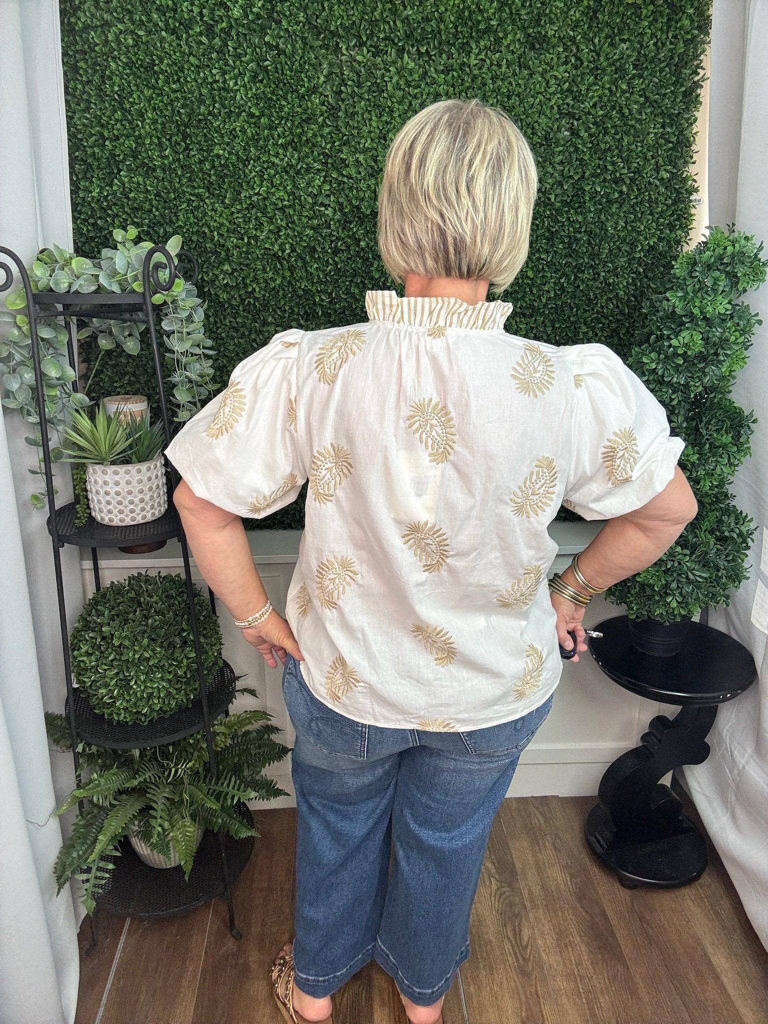 Ivory Embroidered Puff Sleeve Ruffle Blouse