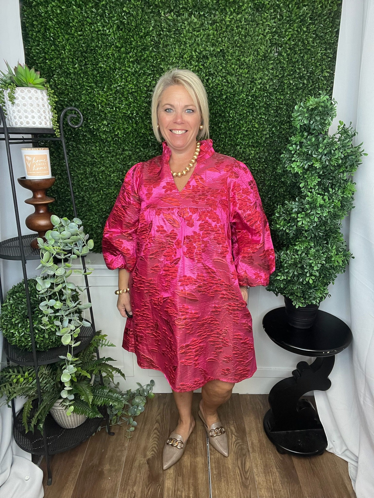 RUFFLED NECK FLORAL JACQUARD DRESS - HOT PINK