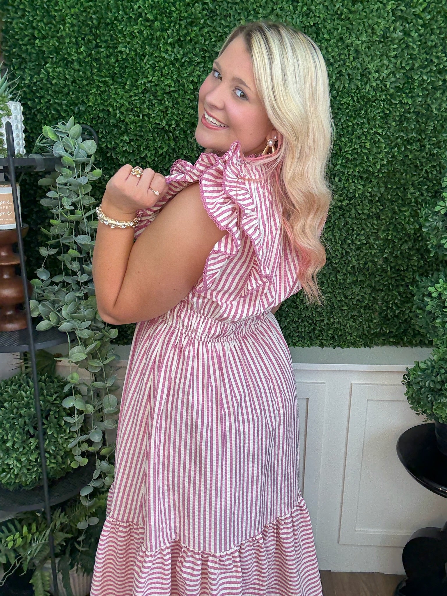 RUFFLE TRIMMED STRIPED MIDI DRESS