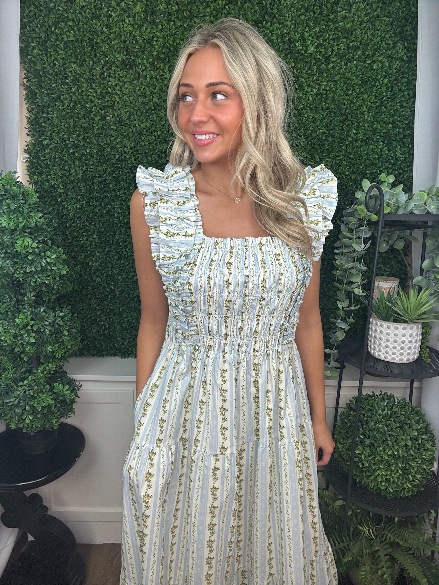 Vintage-Inspired Floral Smocked Midi Dress with Ruffle Strap Detail