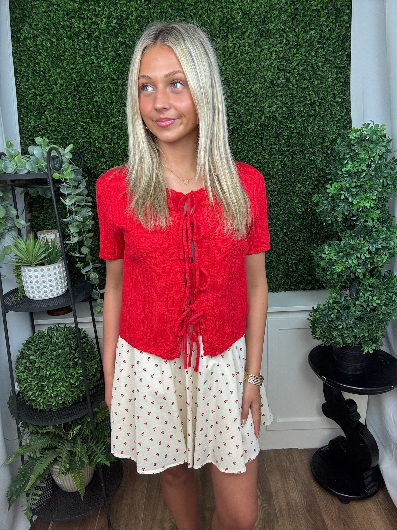 SCALLOPED TIE FRONT POINTELLE KNIT TOP