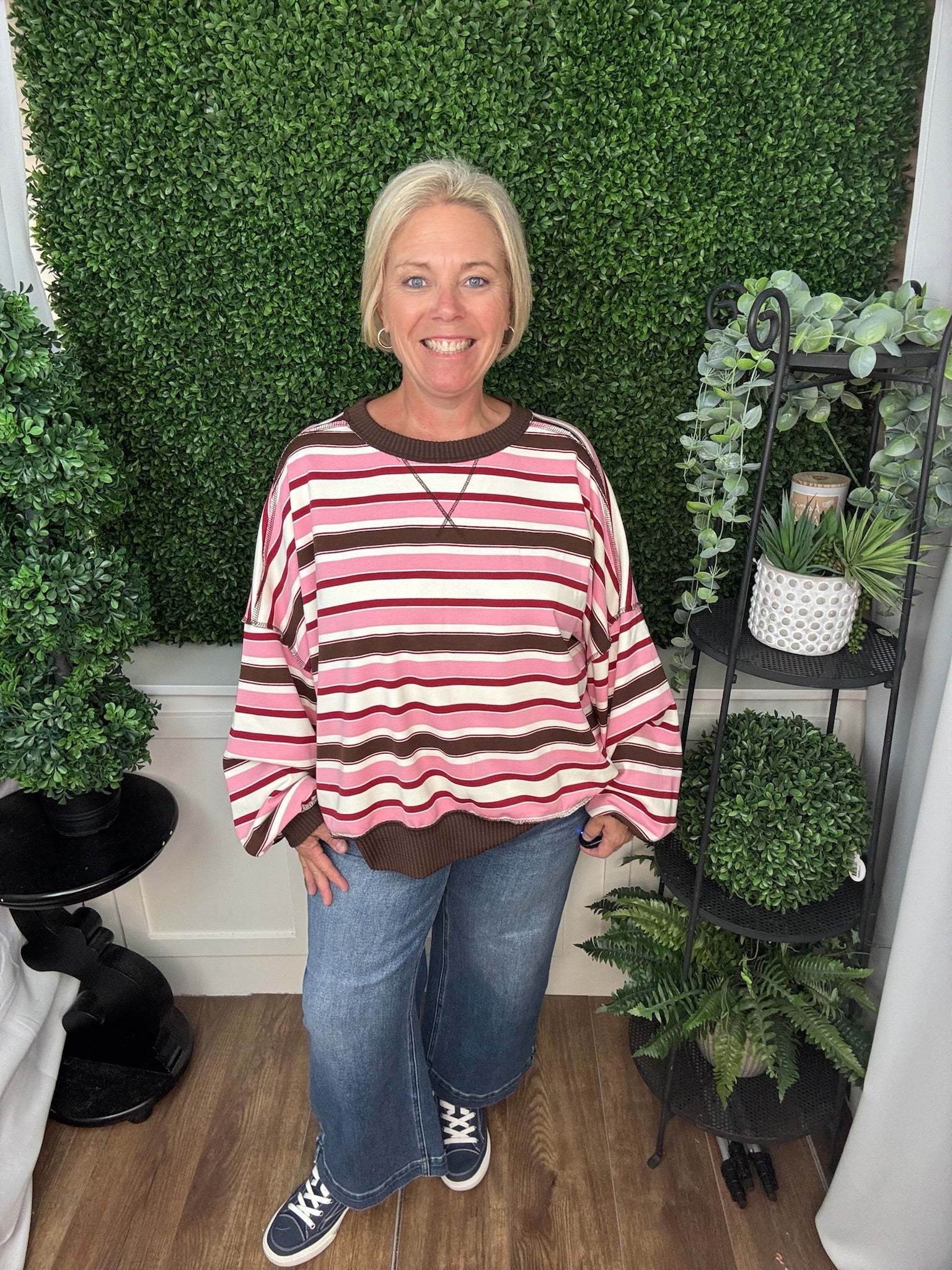STRIPED DROP SHOULDER RIBBED TRIM PULLOVER - LAVENDER-OLIVE/ PINK-BROWN