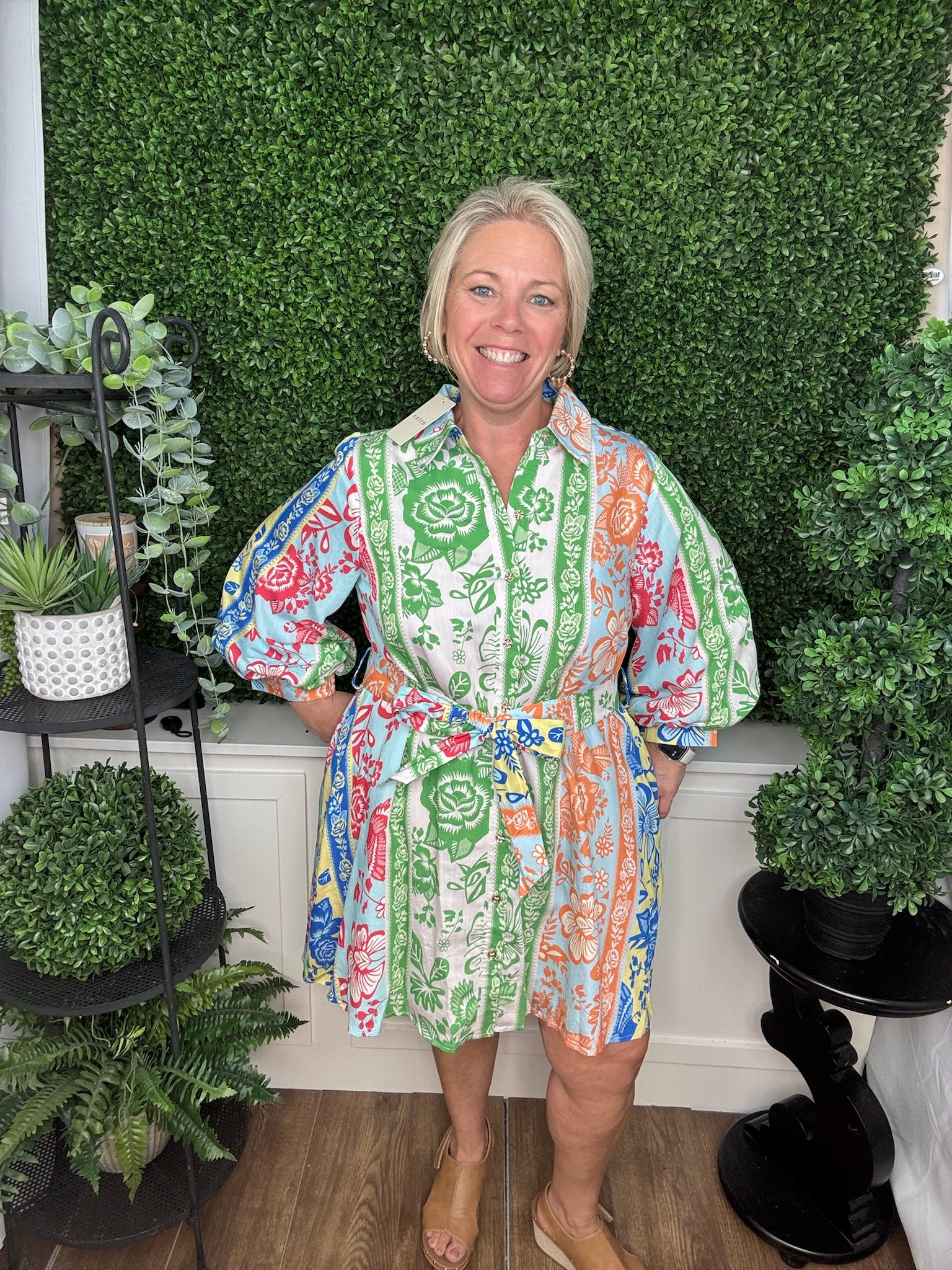 Mixed Print Button Front Shirt Dress with Tie Waist