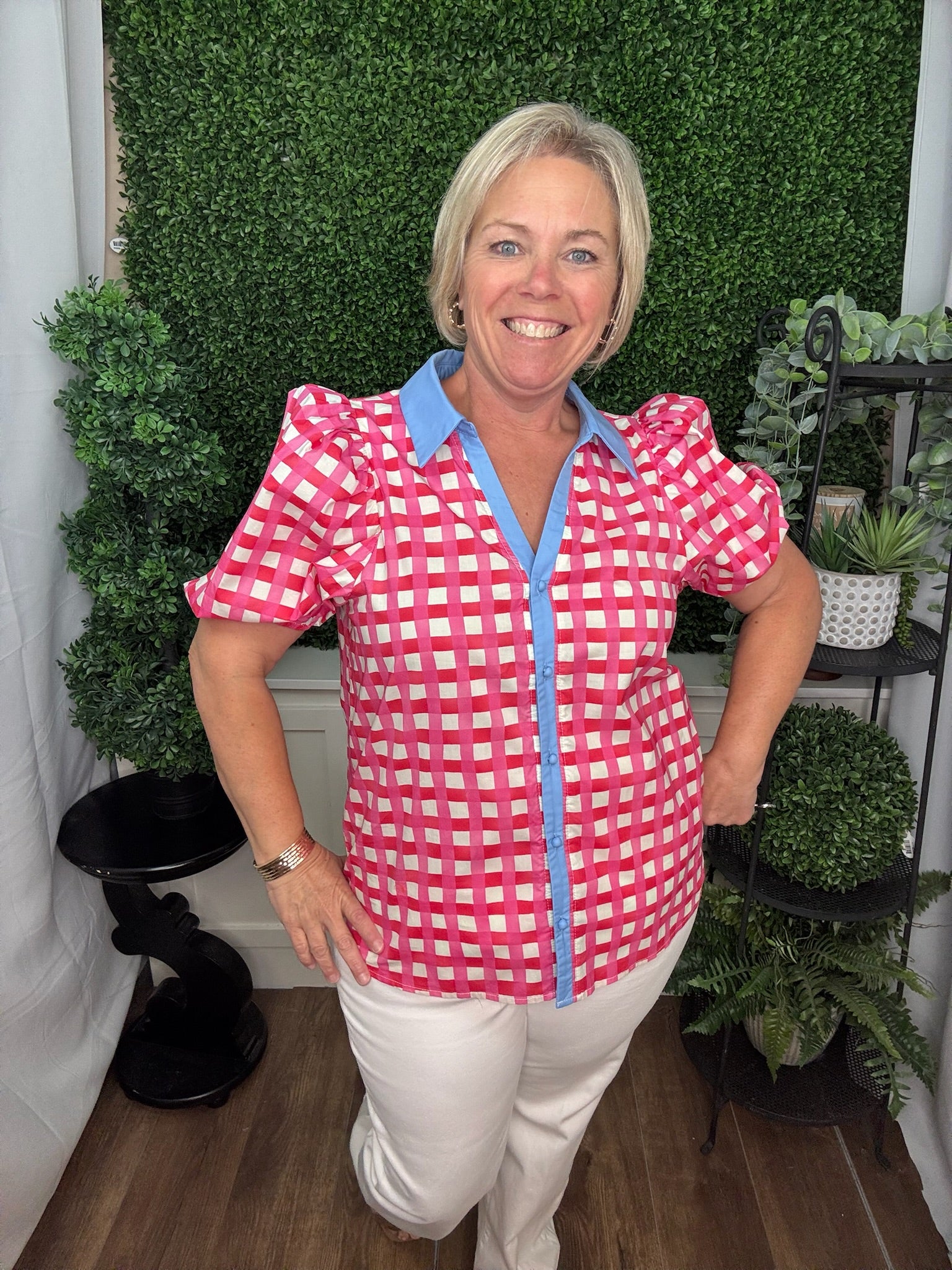 Gingham Puff Sleeve Contrast Collar Blouse