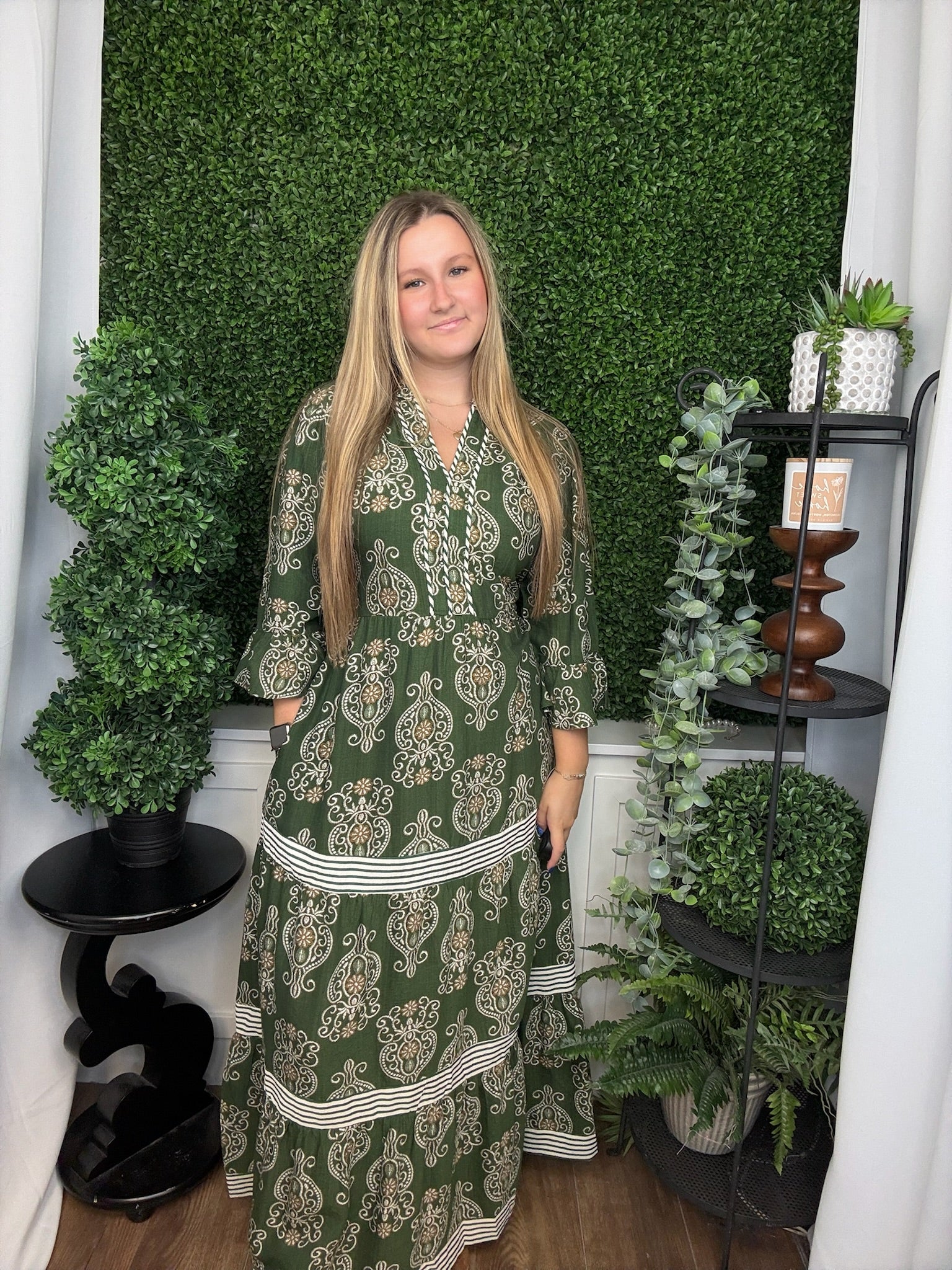 3/4 RUFFLE BELL SLEEVE WOVEN PRINT TIERED MAXI DRESS - OLIVE