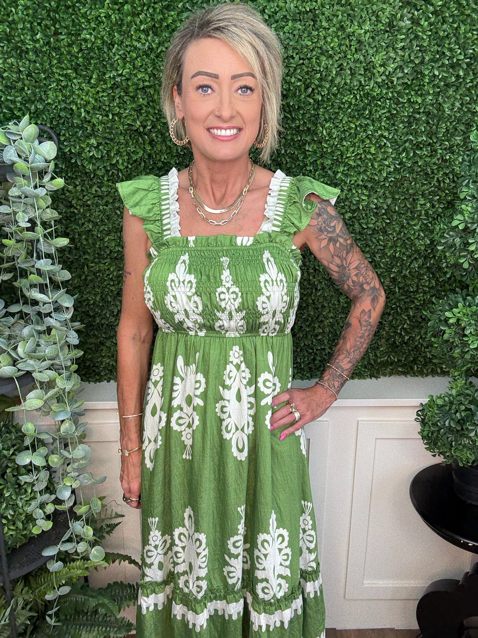 ABSTRACT SMOCKED MIDI DRESS - GREEN