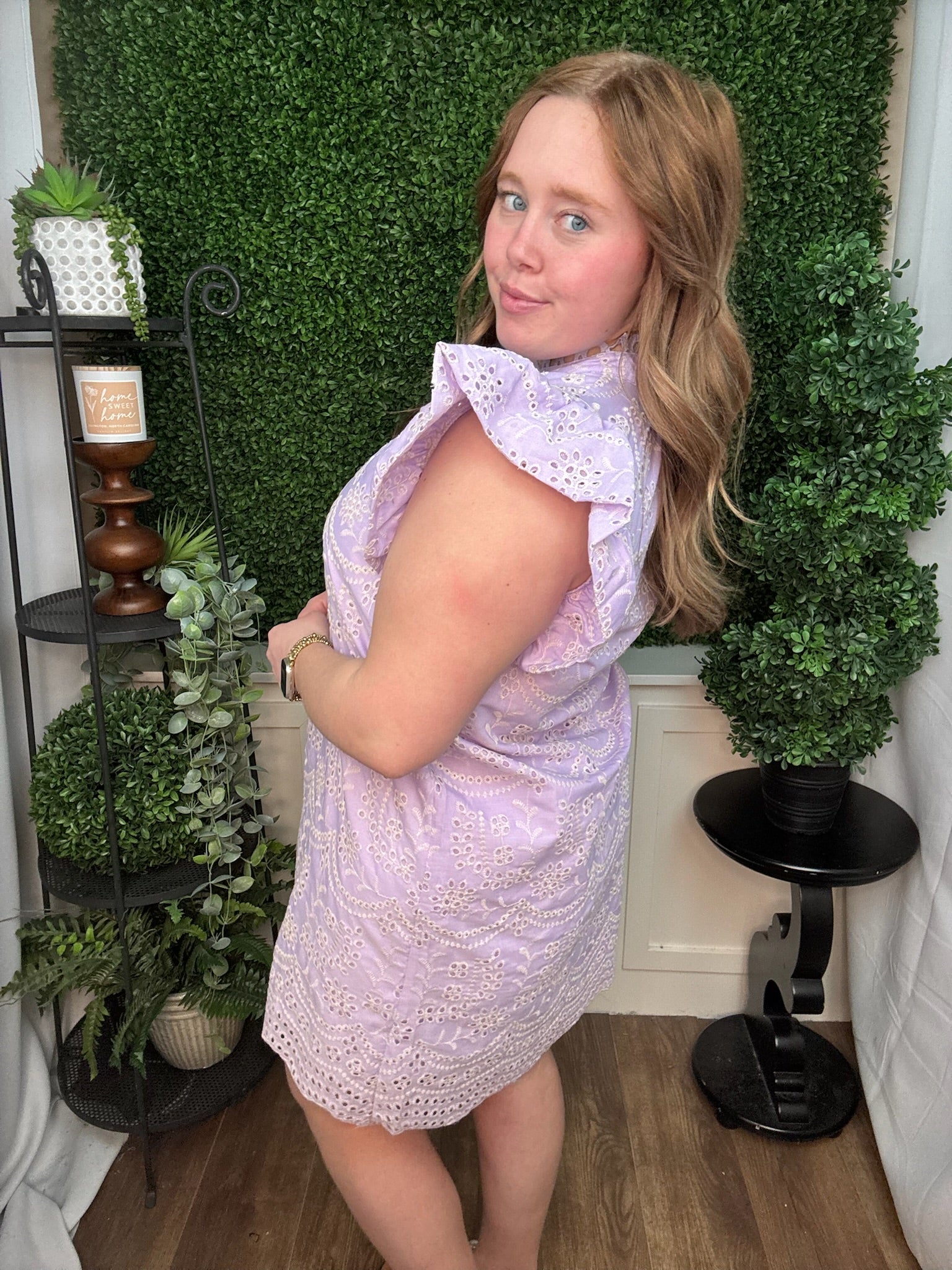 Lavender Eyelet Flutter Sleeve Shift Dress