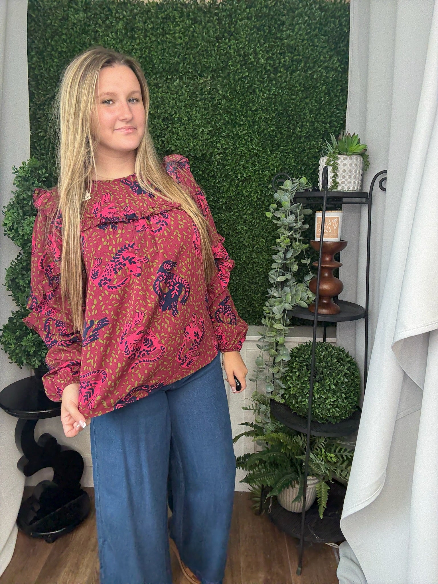 ANIMAL PRINTED WOOL PEACH BLOUSE - SANGRIA