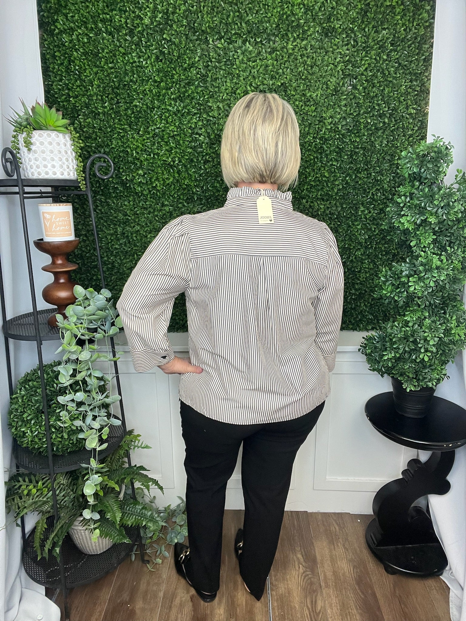 STRIPED 3/4 SLV BUTTON UP TOP - DARK NAVY